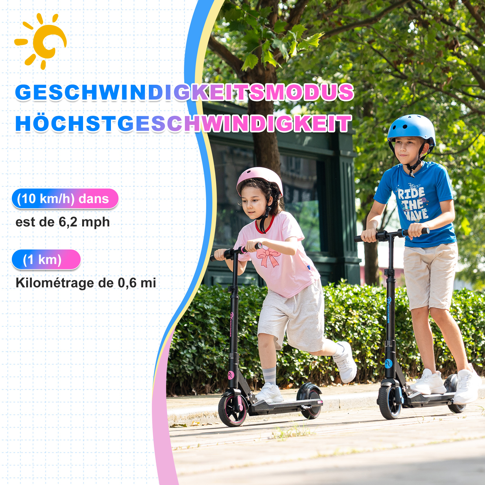Zwei Kinder fahren mit Rollern auf einem befestigten Weg, im Hintergrund Text über Geschwindigkeit und Entfernung.