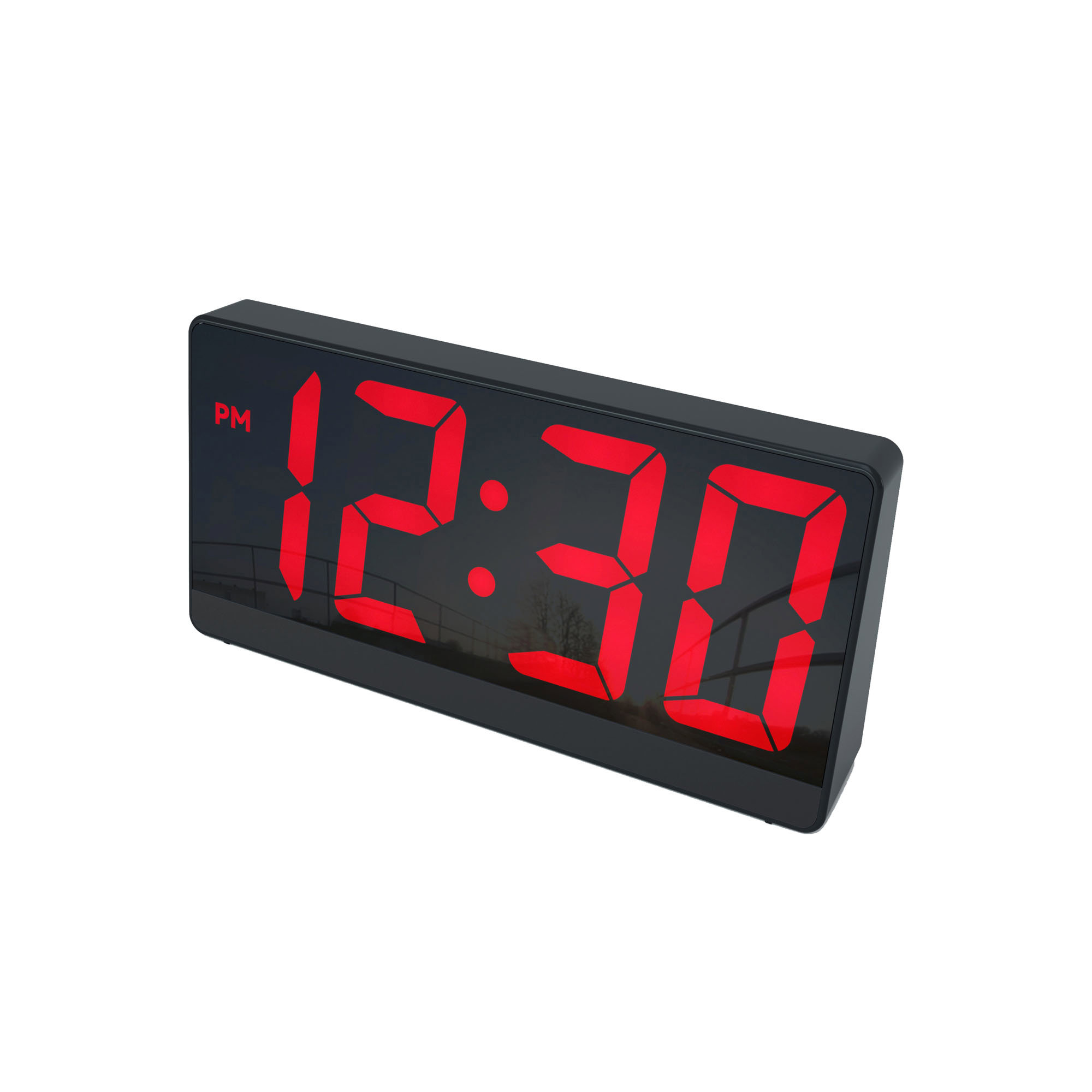 Horloge numérique noire affichant 12h30 PM en chiffres rouges. Cadre noir, fond blanc.