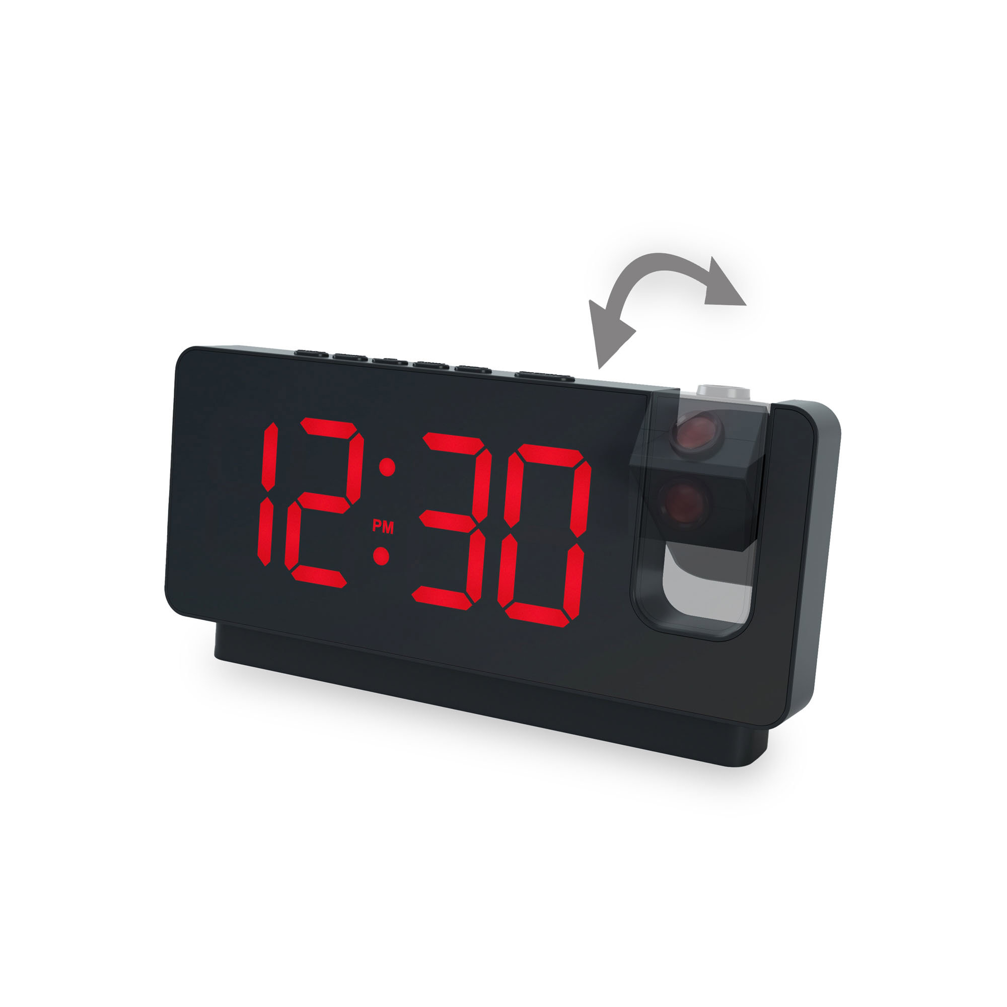 Black digital alarm clock displaying 12:30 PM. Arrows show adjustment options. White background.
