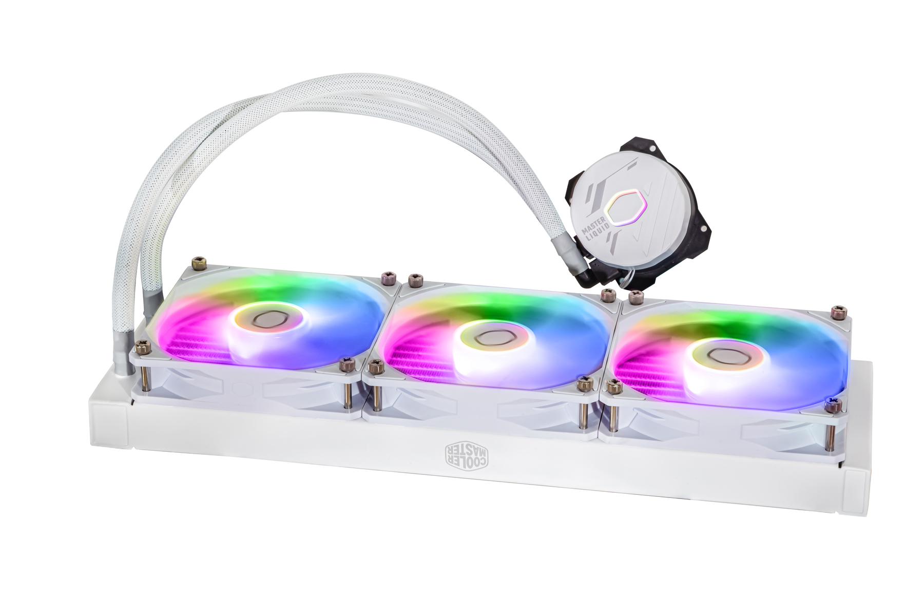Biały system chłodzenia PC z trzema wentylatorami z oświetleniem RGB i pompą wodną.