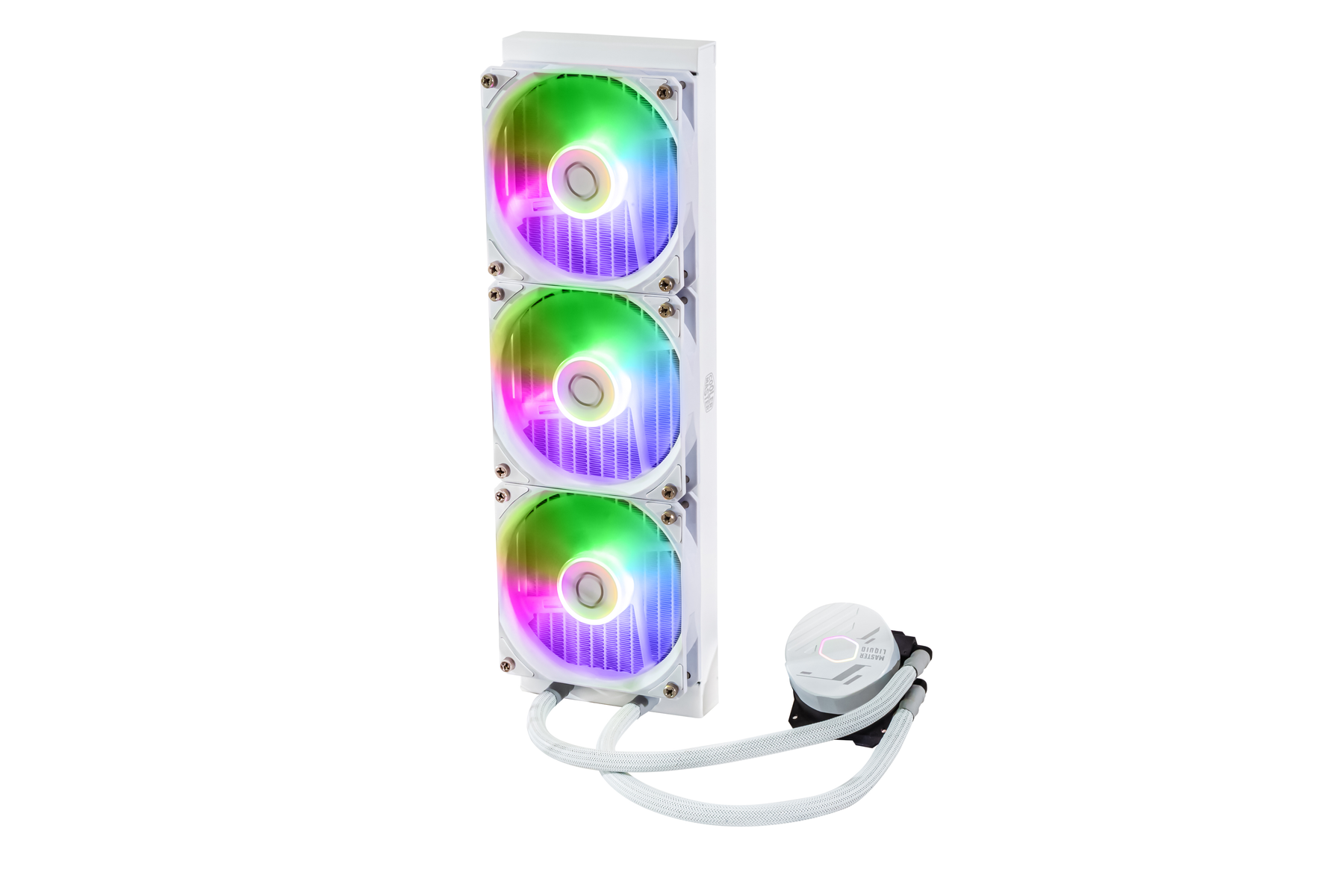 Białe chłodzenie cieczą do PC z trzema wentylatorami. Kolorowe światła RGB. Białe rury i pompa.