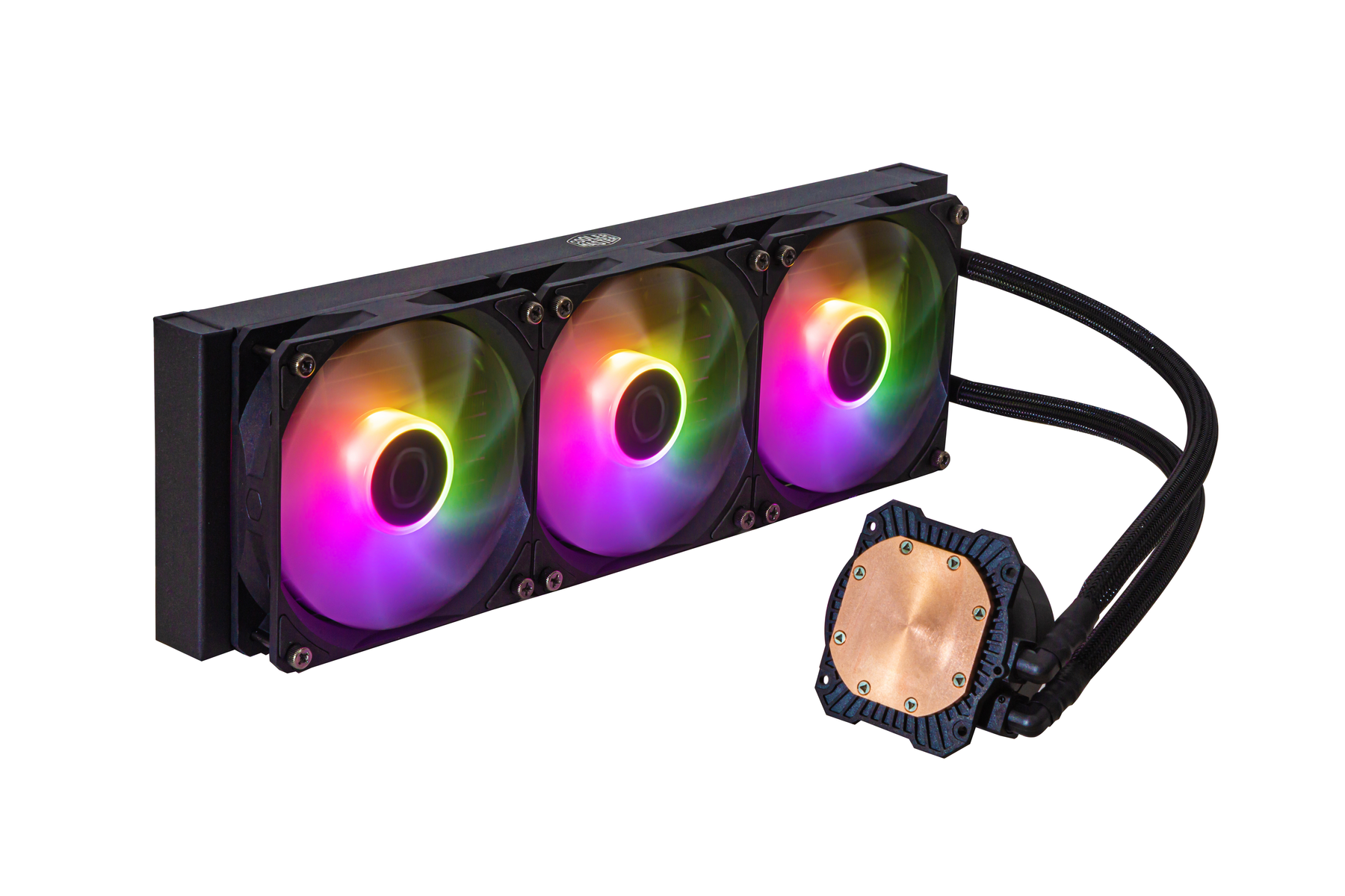 Czarny system chłodzenia komputera z trzema wentylatorami i tęczowymi światłami, na białym tle.