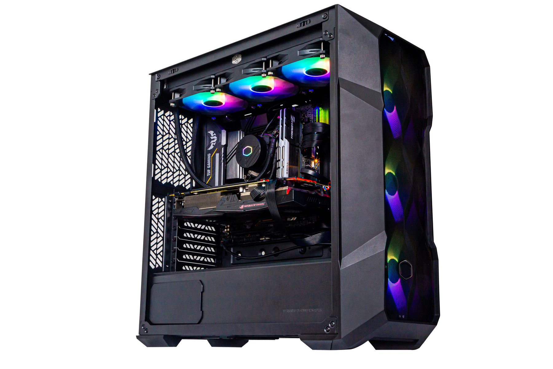 Wnętrze obudowy komputera z kolorowymi wentylatorami. Widoczne komponenty, na białym tle.