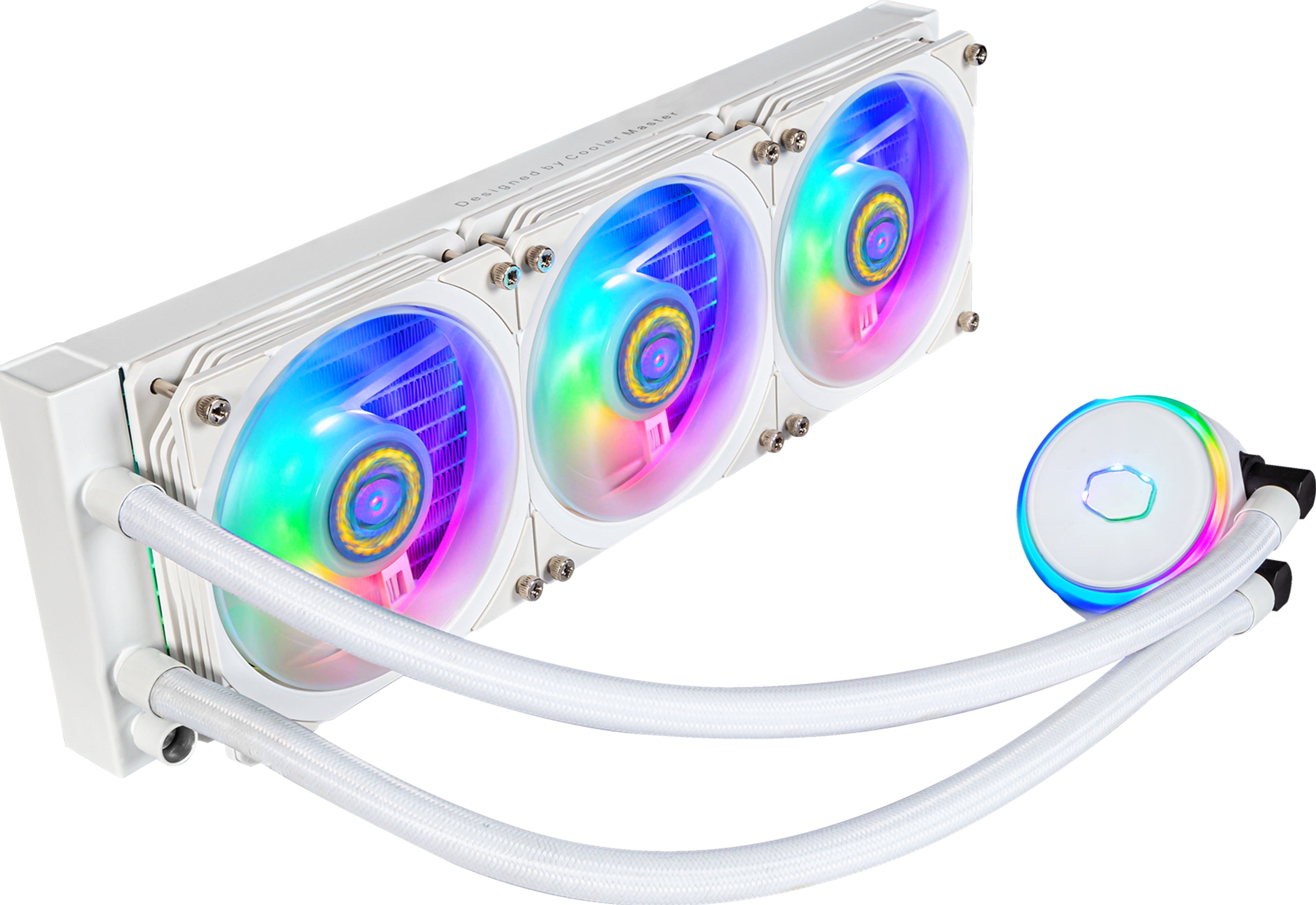 Un dissipatore a liquido bianco con tre ventole RGB e una pompa rotonda.