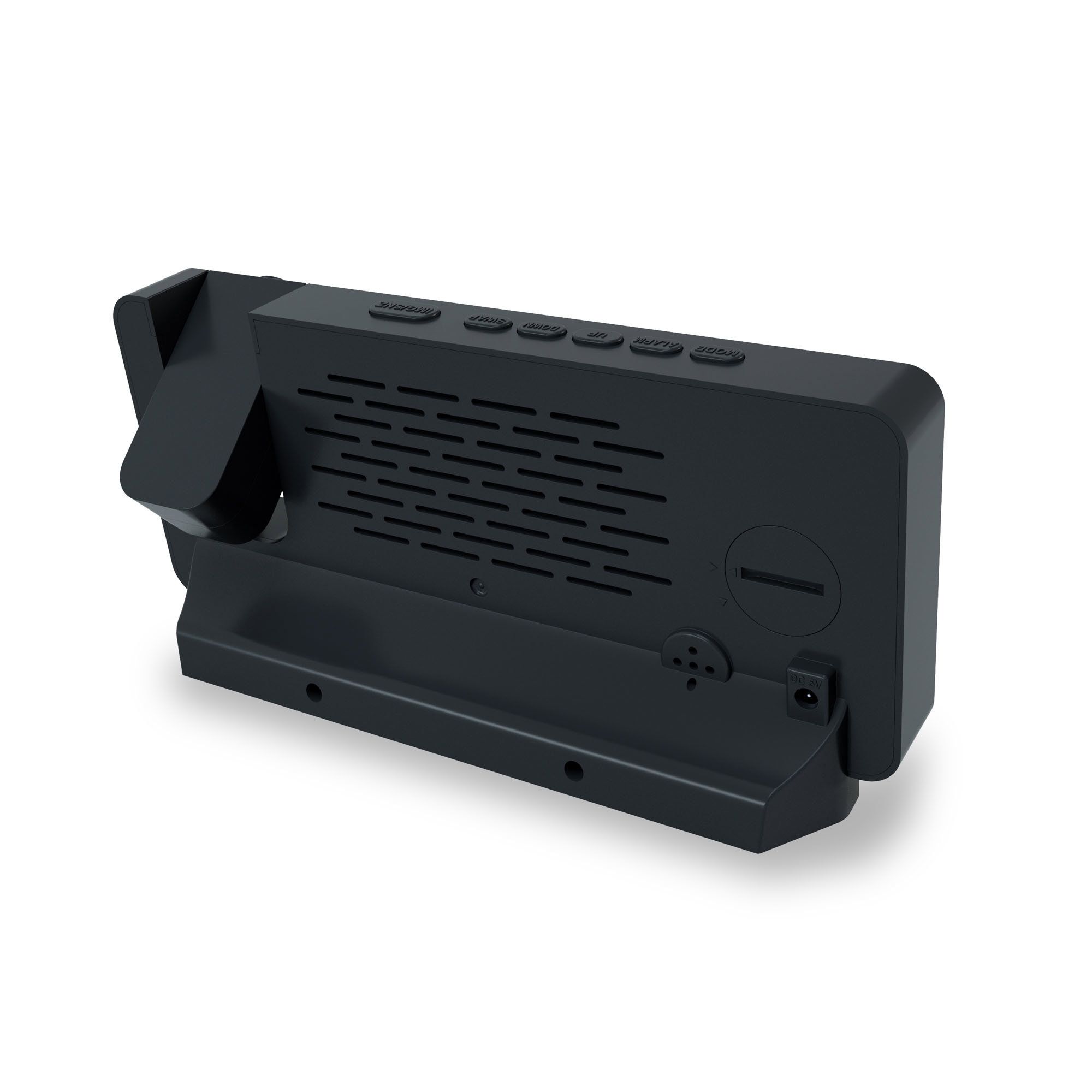 Black digital alarm clock with a projection feature and multiple buttons.