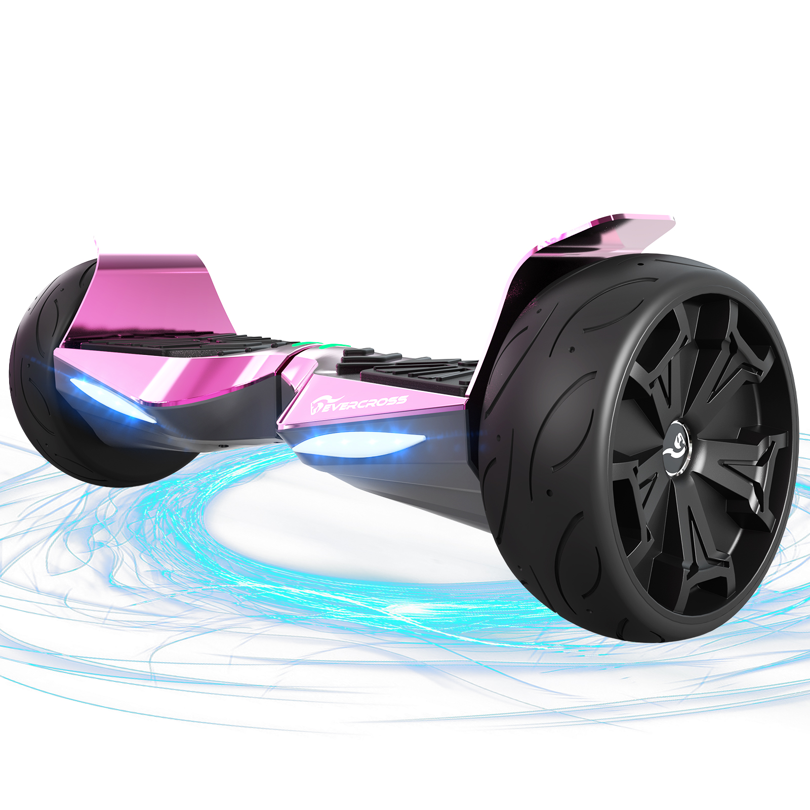 Pink hoverboard with black wheels, on white. It is a self-balancing electric scooter.