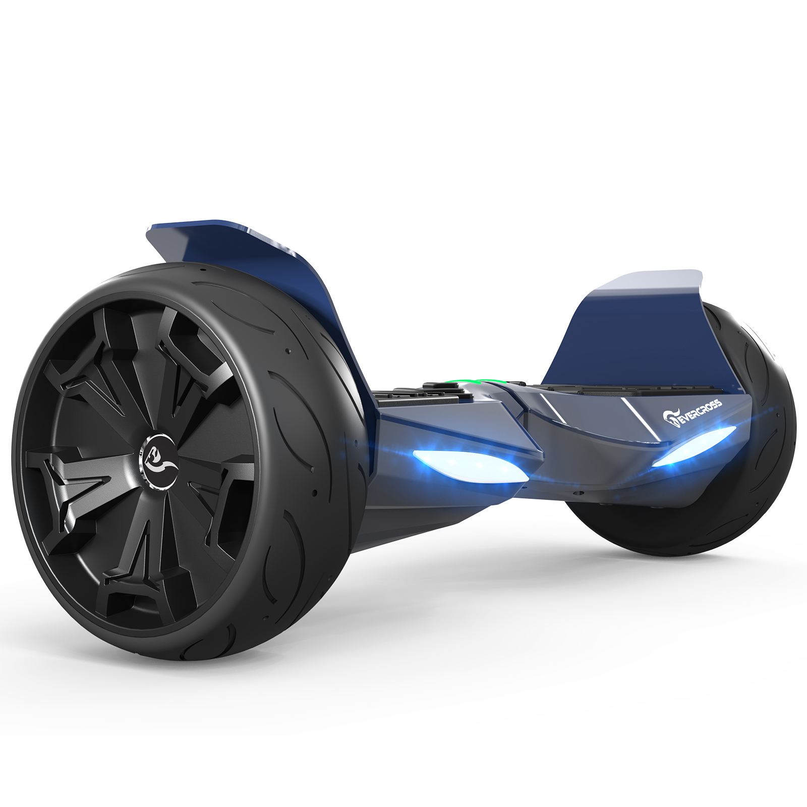 A black and blue hoverboard with two large wheels, on a white background.