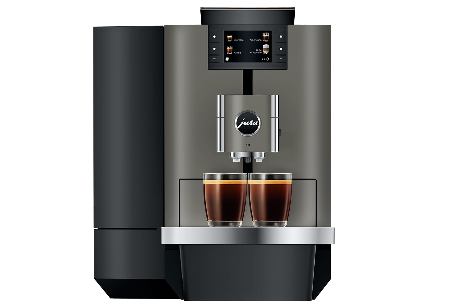 Graue Jura Kaffeemaschine mit zwei Kaffeegläsern.