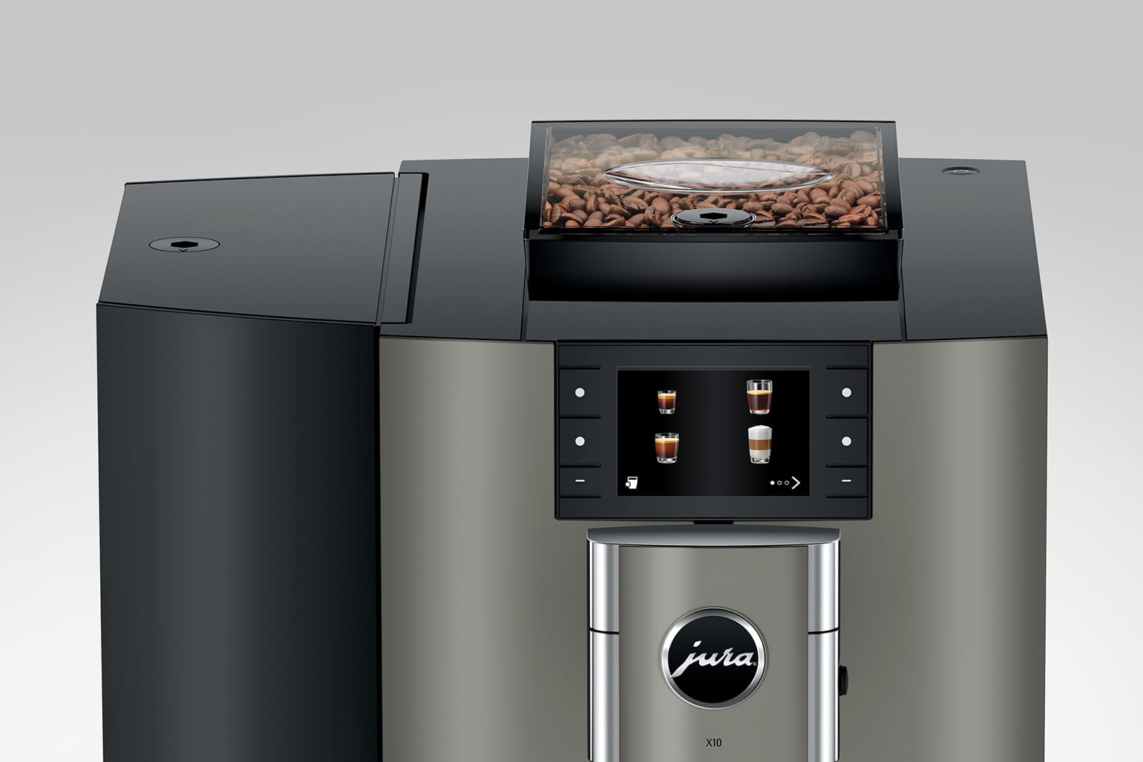 Kaffeemaschine mit Kaffeebohnen in einem transparenten Behälter. Silber und Schwarz.