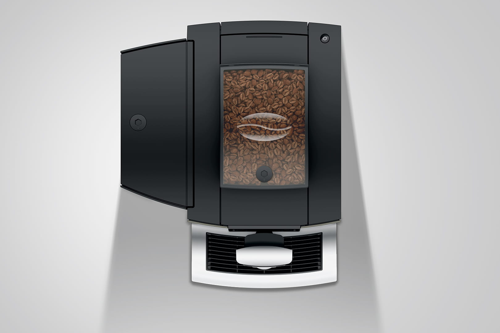 Draufsicht auf eine schwarze Kaffeemaschine. Kaffeebohnen sind im transparenten Behälter sichtbar.