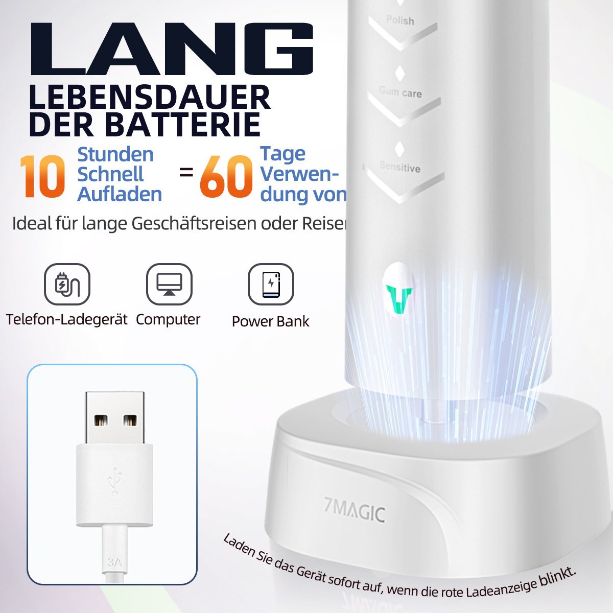 Weiße Ladestation mit USB-Kabel. Text und Symbole zeigen Ladefunktionen.