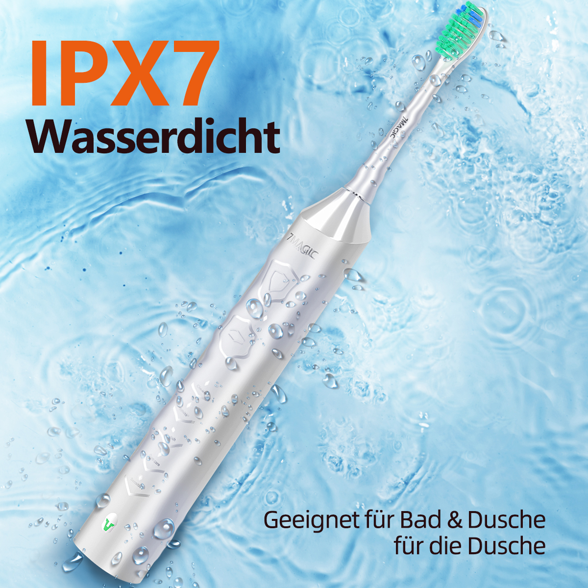 Weiße elektrische Zahnbürste in Wasser mit Blasen. Text 'IPX7 Wasserdicht' und 'Geeignet für Bad & Dusche'.