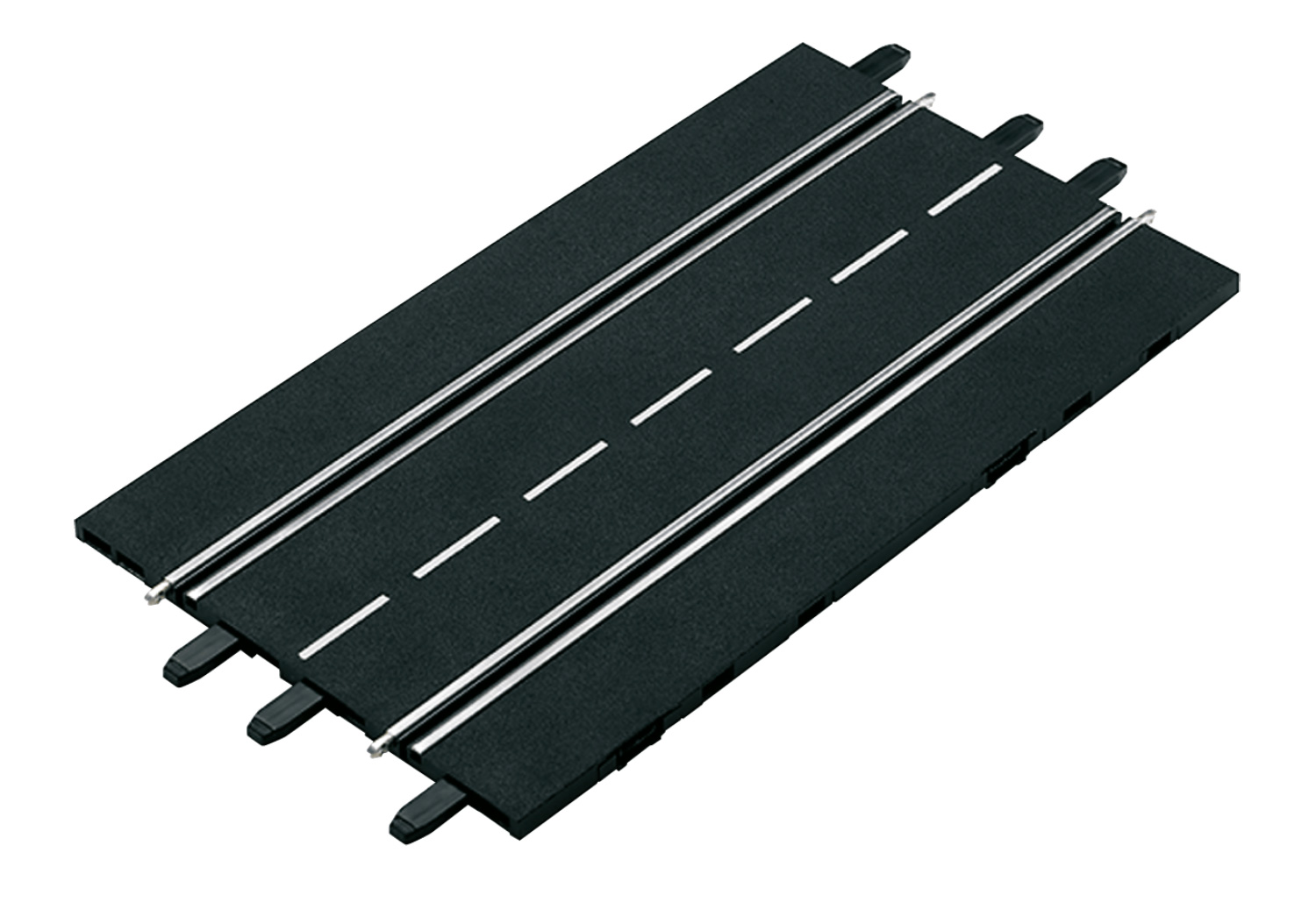 Eine schwarze Slotcar-Bahn mit zwei parallelen silbernen Schienen und einer weißen Mittellinie.
