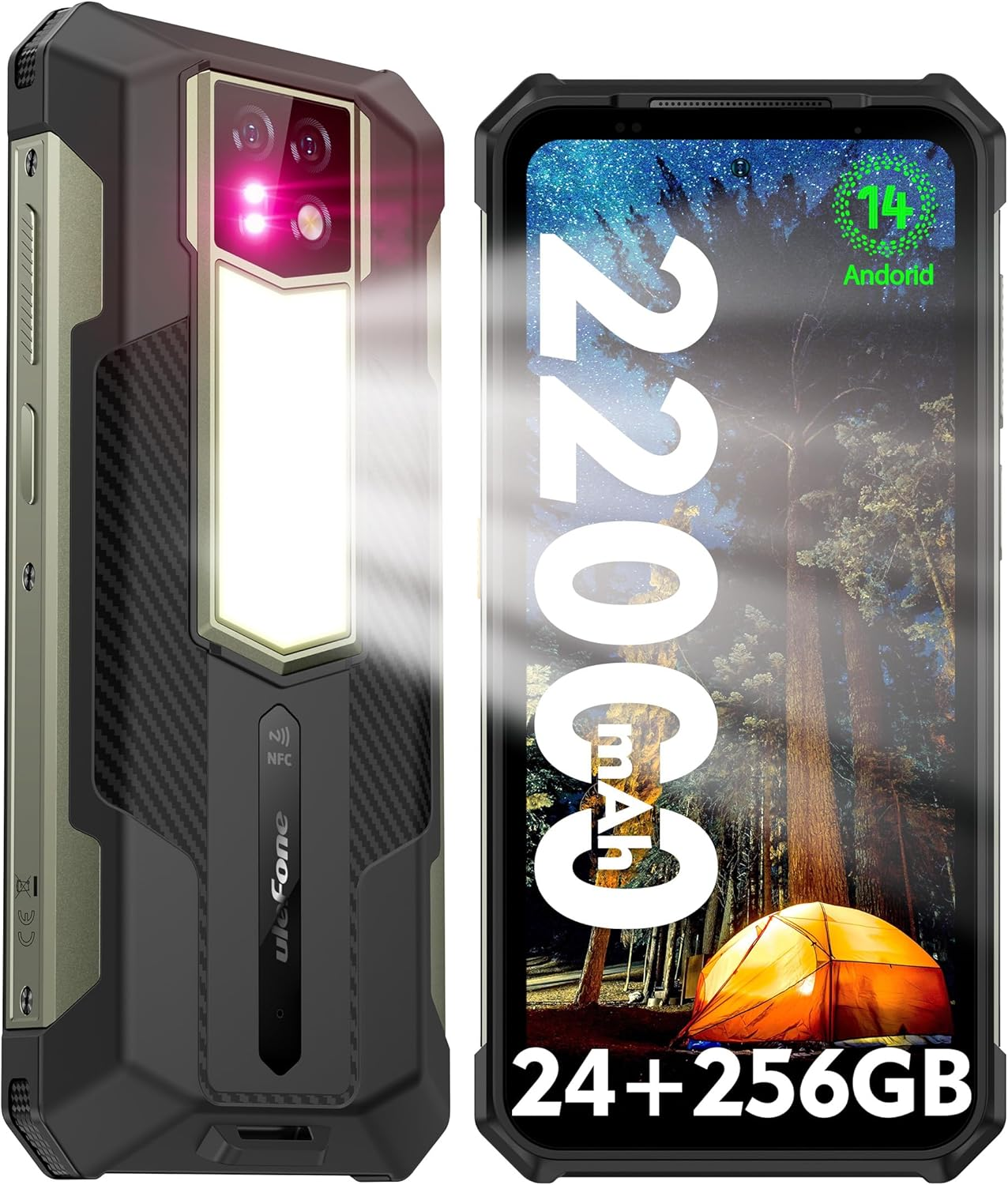 Teléfono resistente negro y verde con linterna. Tiene una pantalla grande con información.