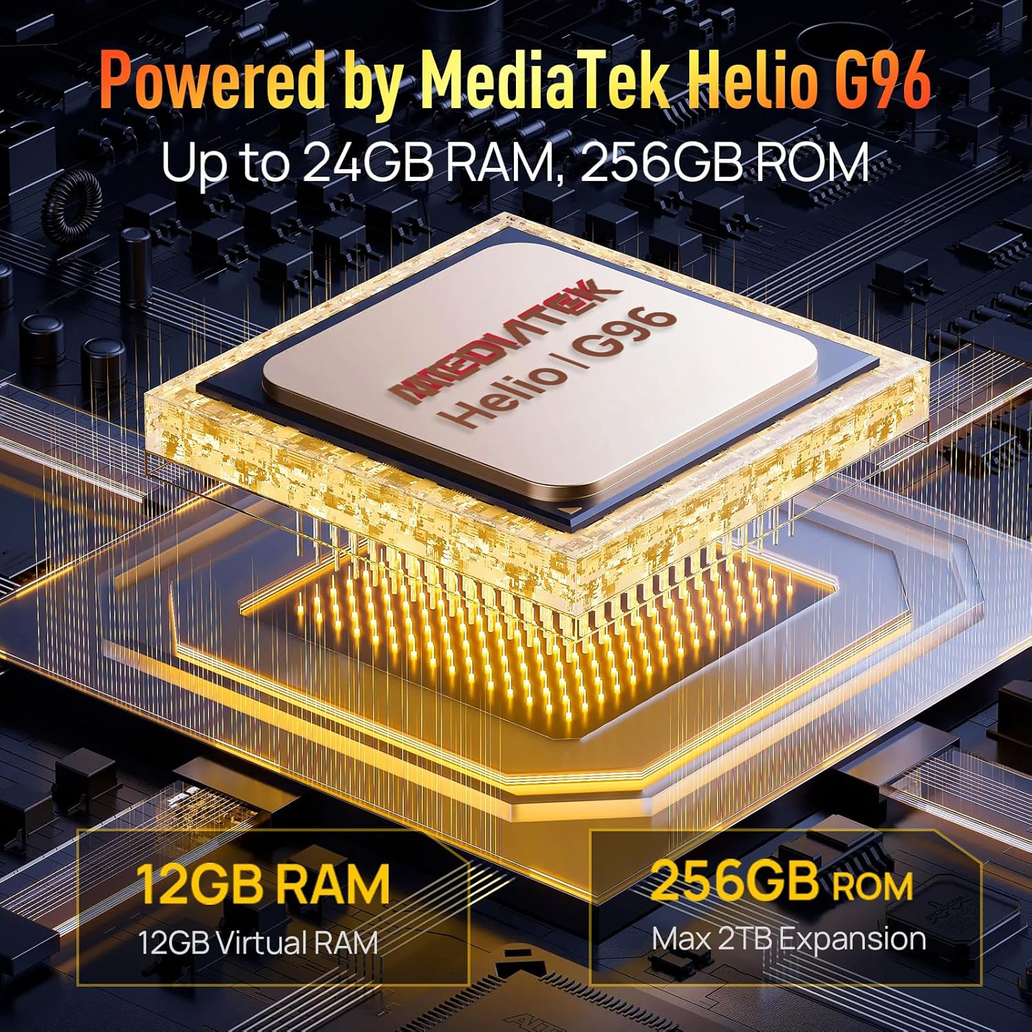 Primer plano de una CPU con texto: Powered by MediaTek Helio G96, 12GB RAM y 256GB ROM.