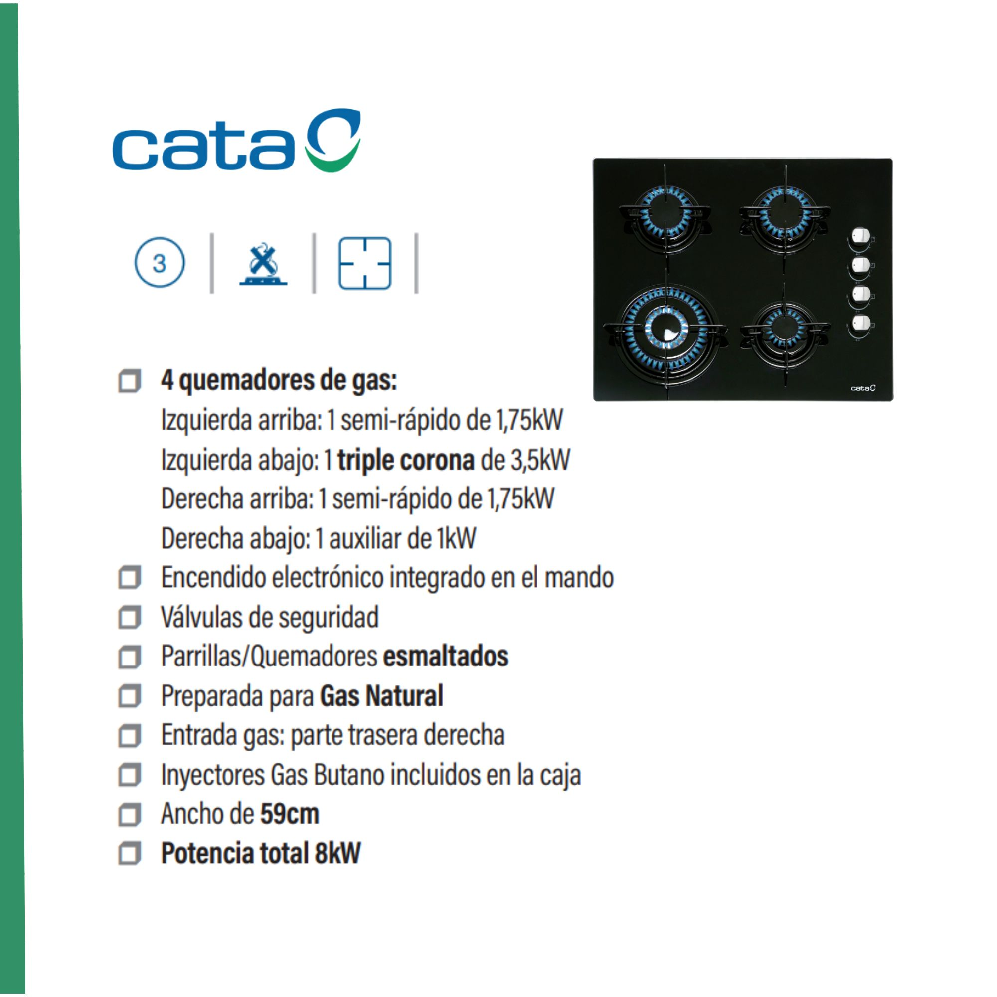 Czarna kuchenka gazowa z czterema palnikami i informacjami technicznymi.