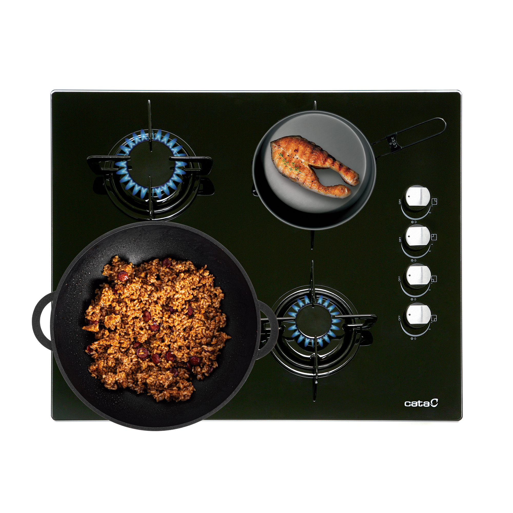 Czarna płyta grzewcza ze szkła z czterema palnikami. Dwie patelnie z jedzeniem są na powierzchni.