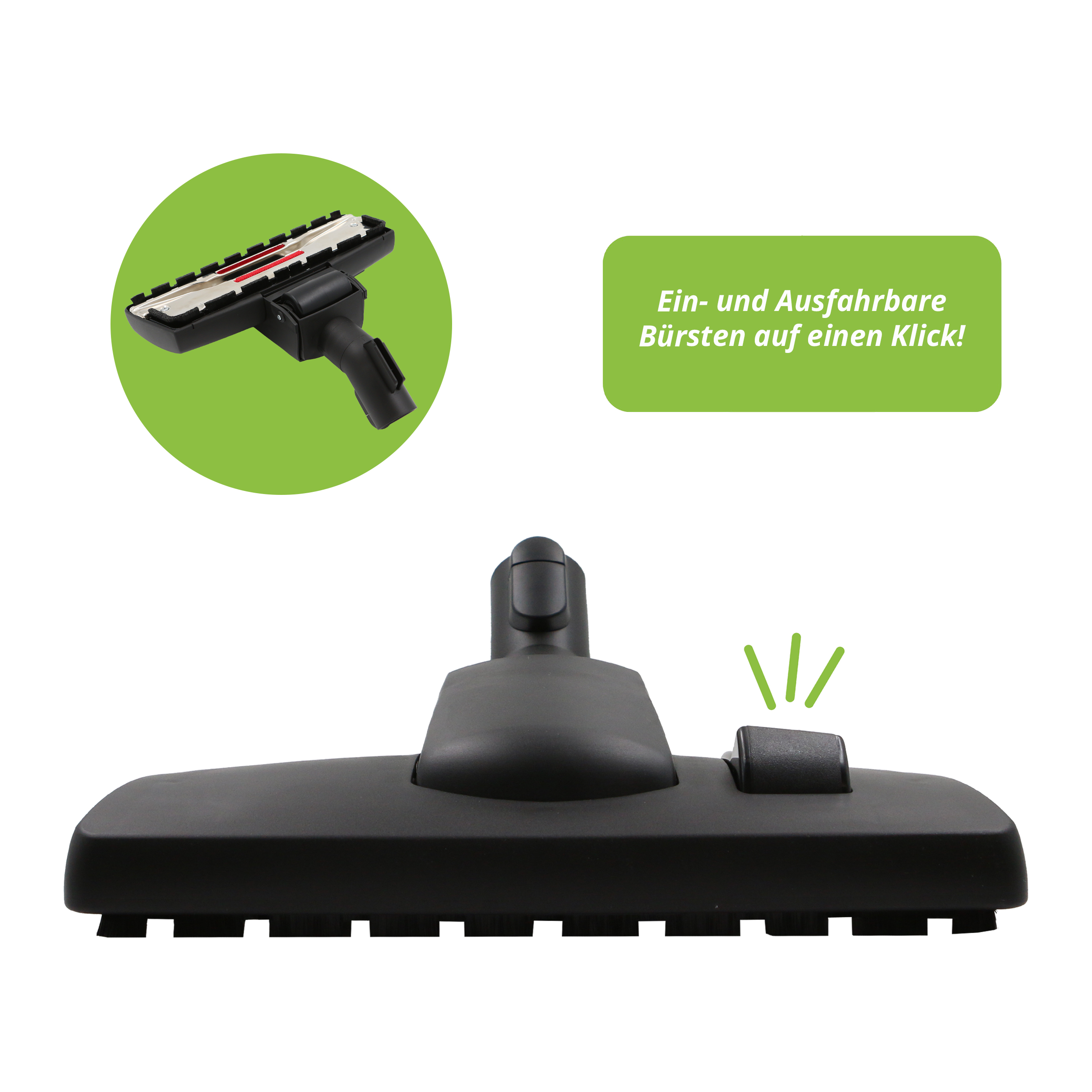 Staubsaugerkopf mit Bürstendetail und einem grünen Kreis mit einem Bürstenkopf darin.