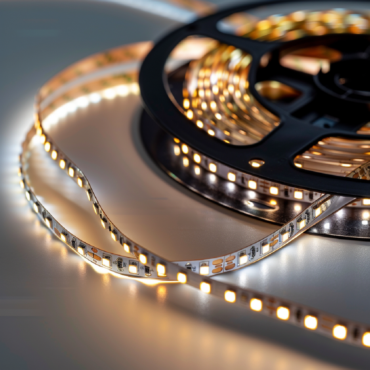 Un carrete de luces de tira LED, con una porción desenrollada, brillando con luz blanca cálida.