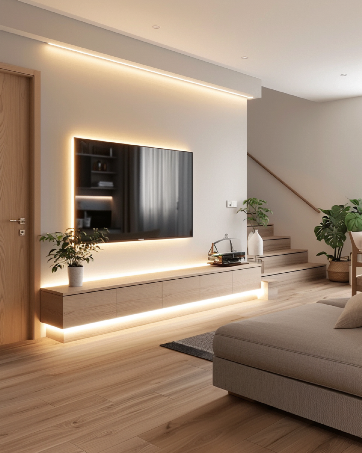 Salón moderno con televisor montado en la pared, gabinetes de madera y sofá beige.