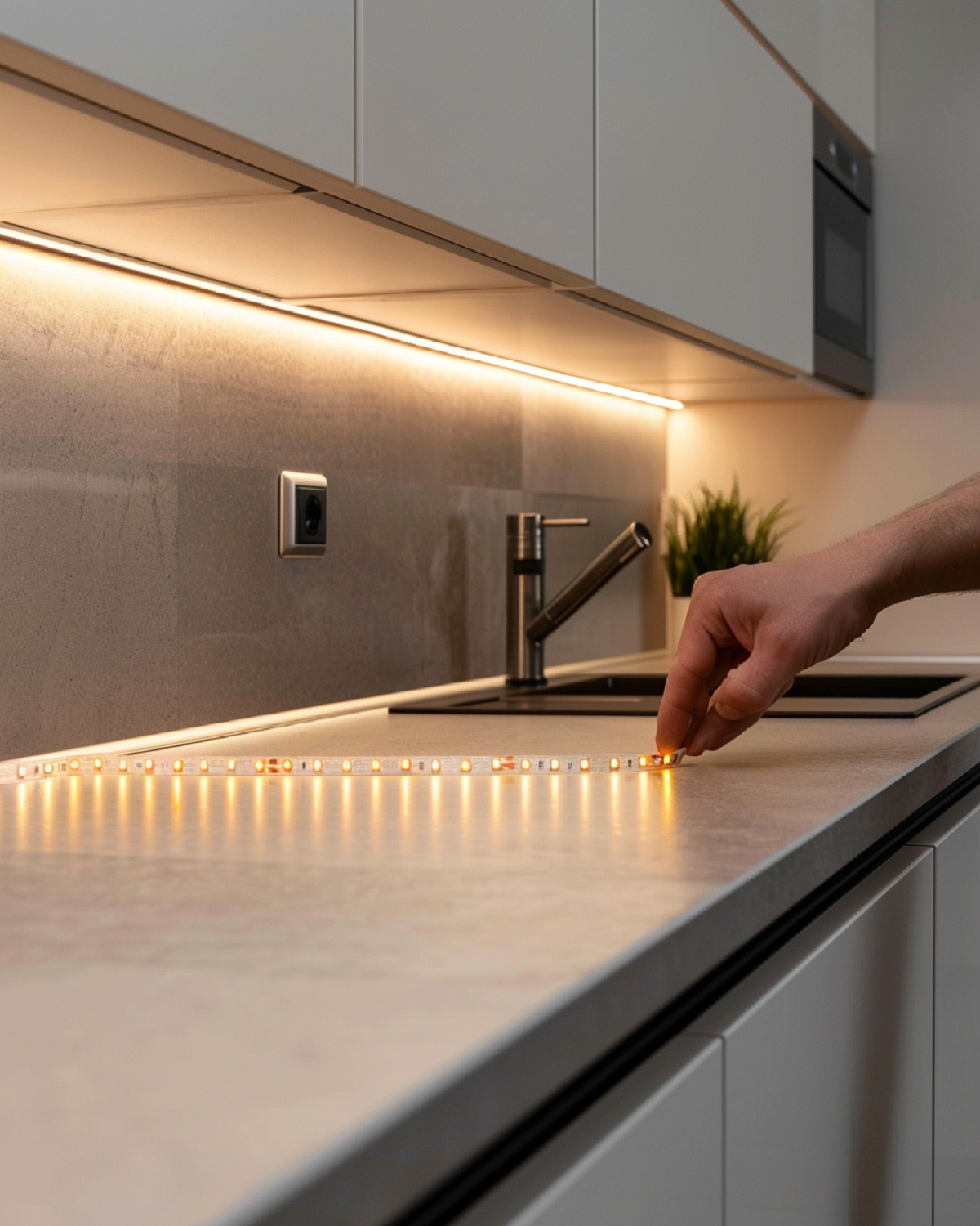Mano tocando tira de luces LED en encimera en entorno de cocina.