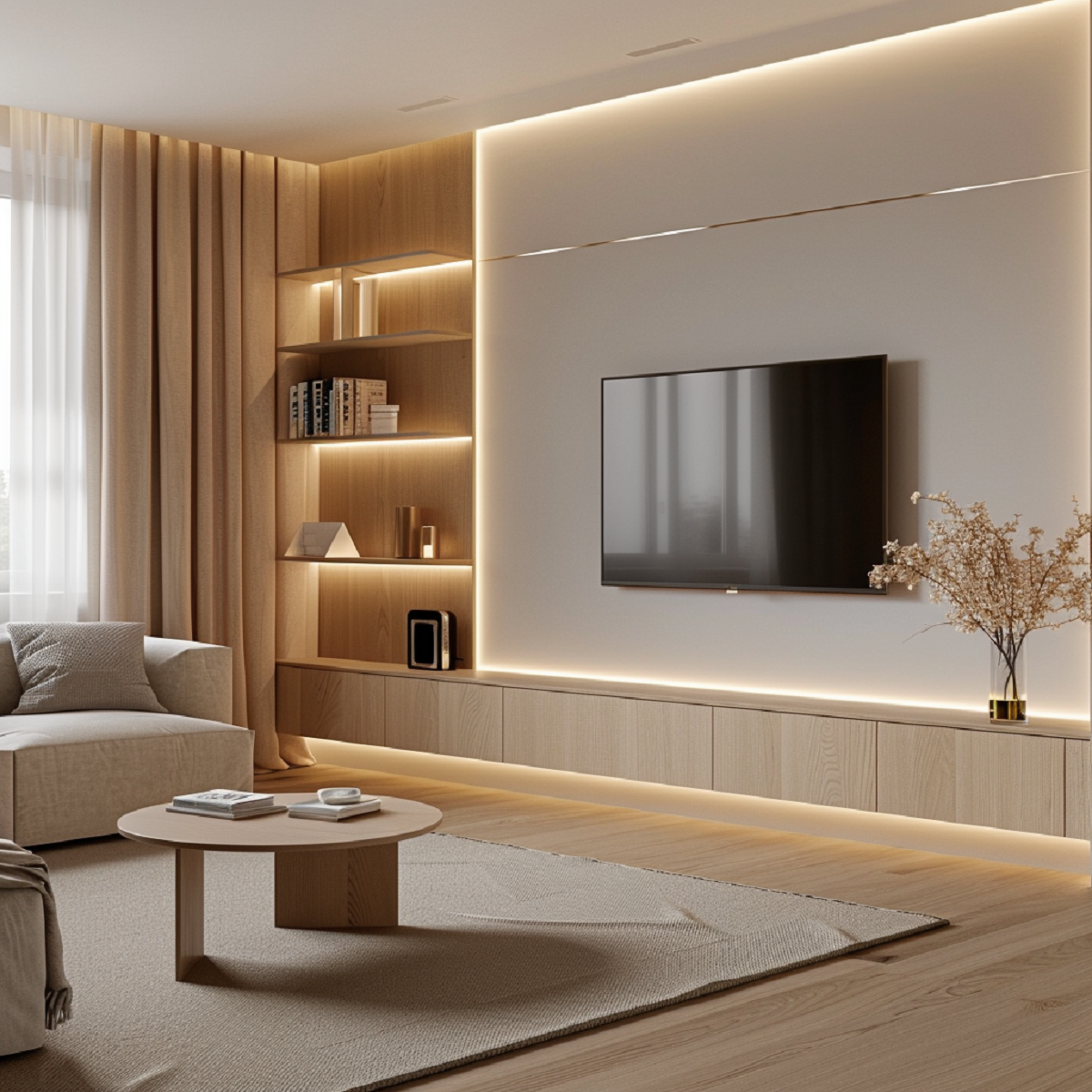 Salón moderno con paneles de madera, TV, sofá y mesa de centro. Iluminación suave y cortinas crean un ambiente cálido.