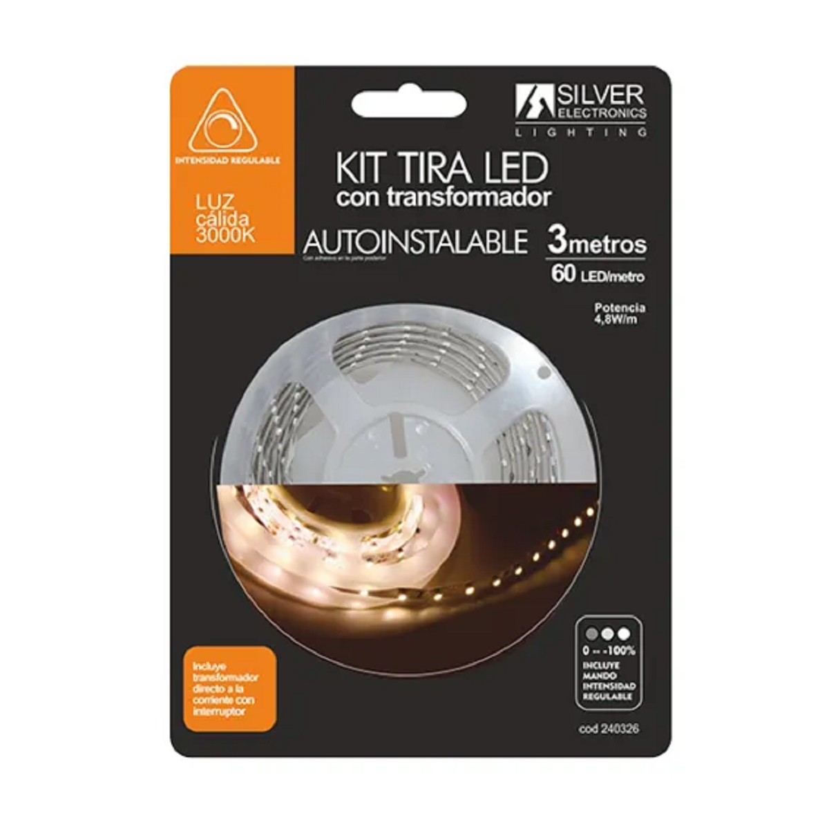 Embalaje de un kit de tira de luces LED con transformador e intensidad ajustable.