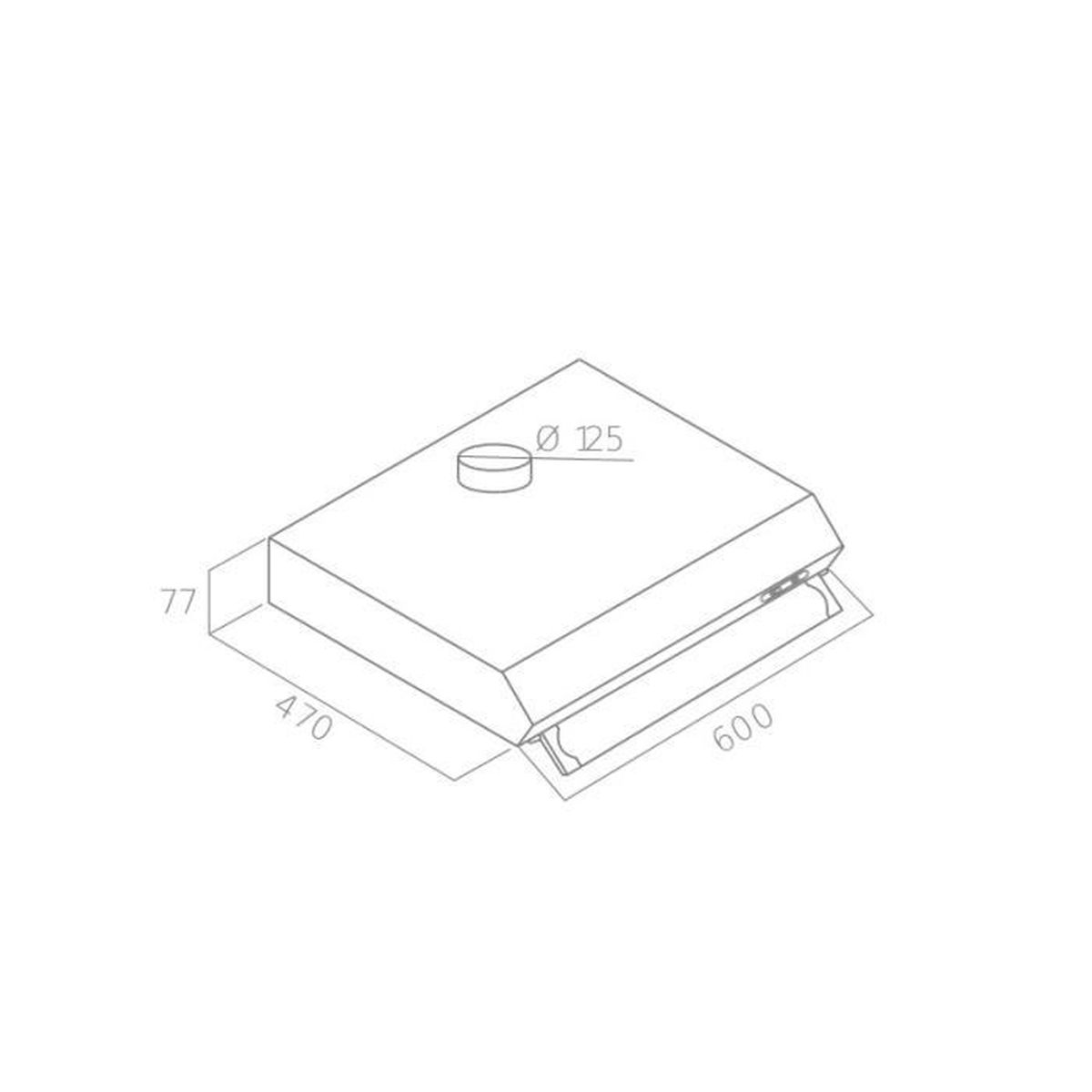 Un dibujo lineal blanco muestra una campana extractora rectangular con dimensiones y una salida circular.