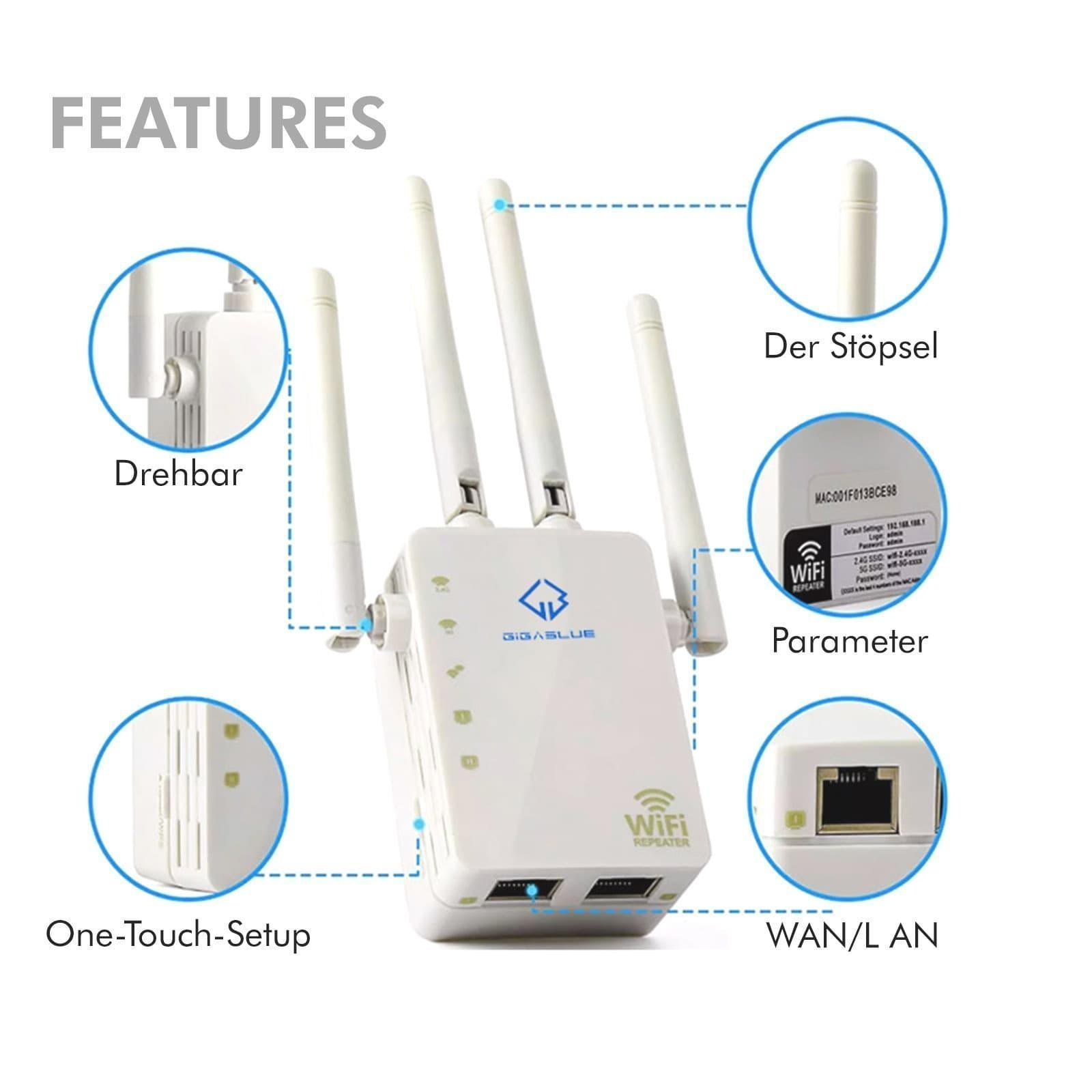 Weißer WLAN-Repeater mit drei Antennen, gekennzeichnet mit Funktionen wie 'Drehbar' und 'WAN/LAN'.