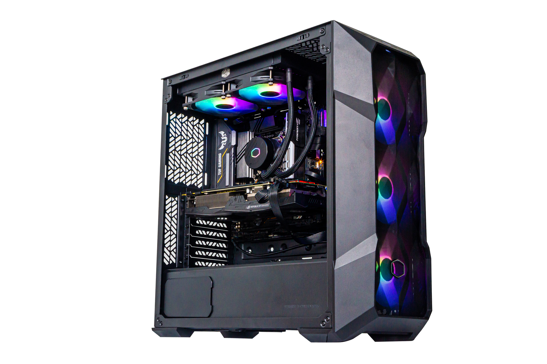 Czarna obudowa komputera z komponentami w środku, w tym chłodnicą z kolorowymi światłami.