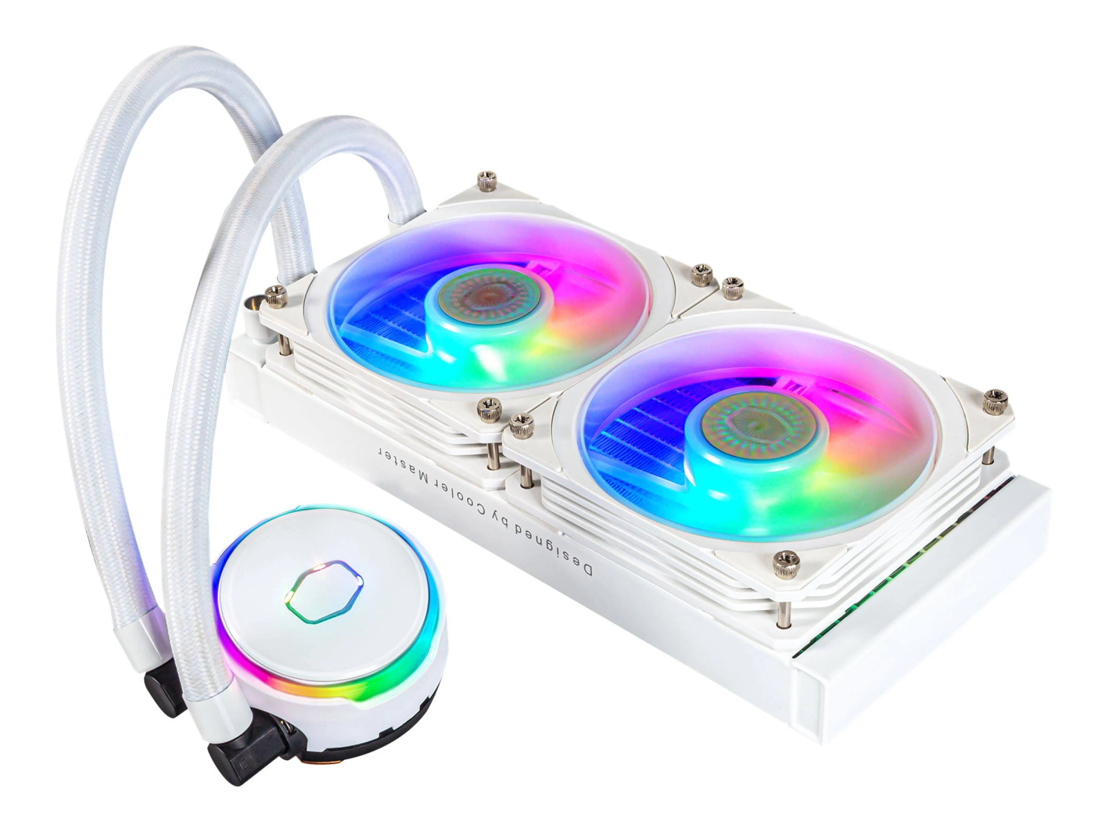 Enfriador de agua para PC blanco con dos ventiladores, bomba circular y tubos flexibles, sobre blanco.