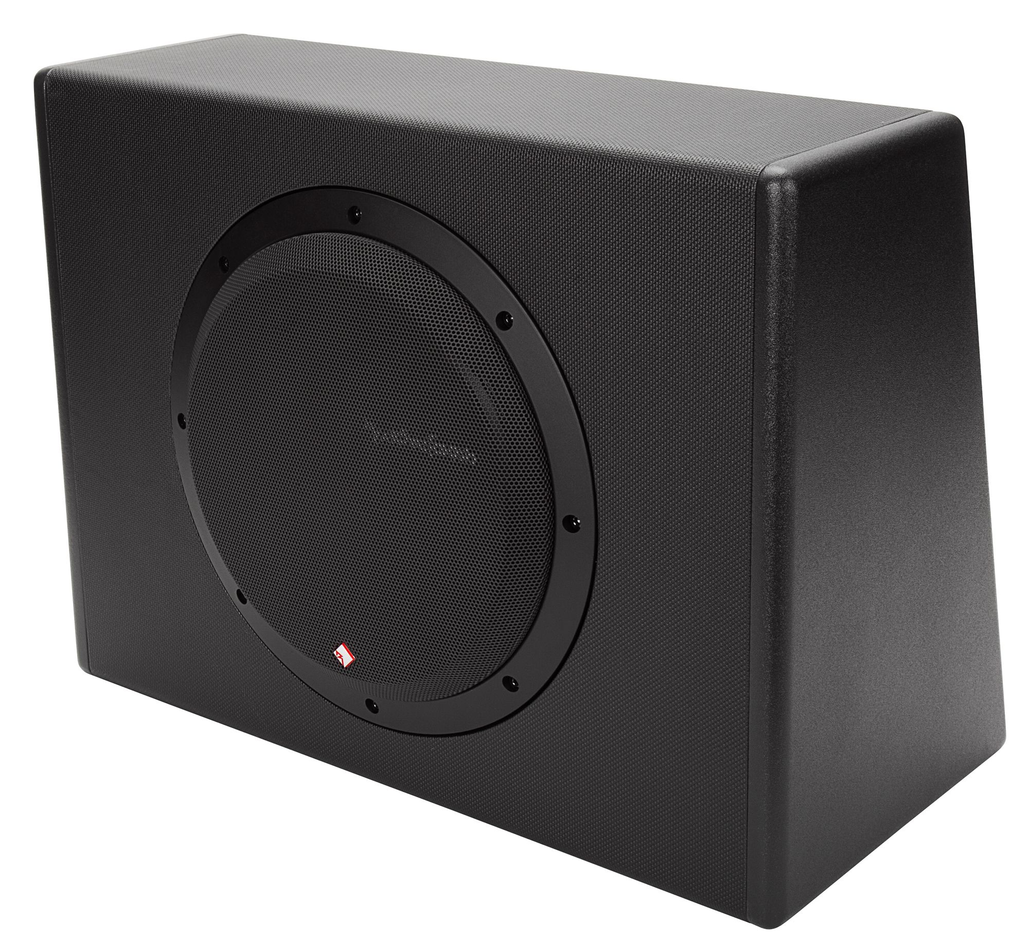 Schwarzer Subwoofer mit rundem Lautsprecher und schwarzem Gitter.
