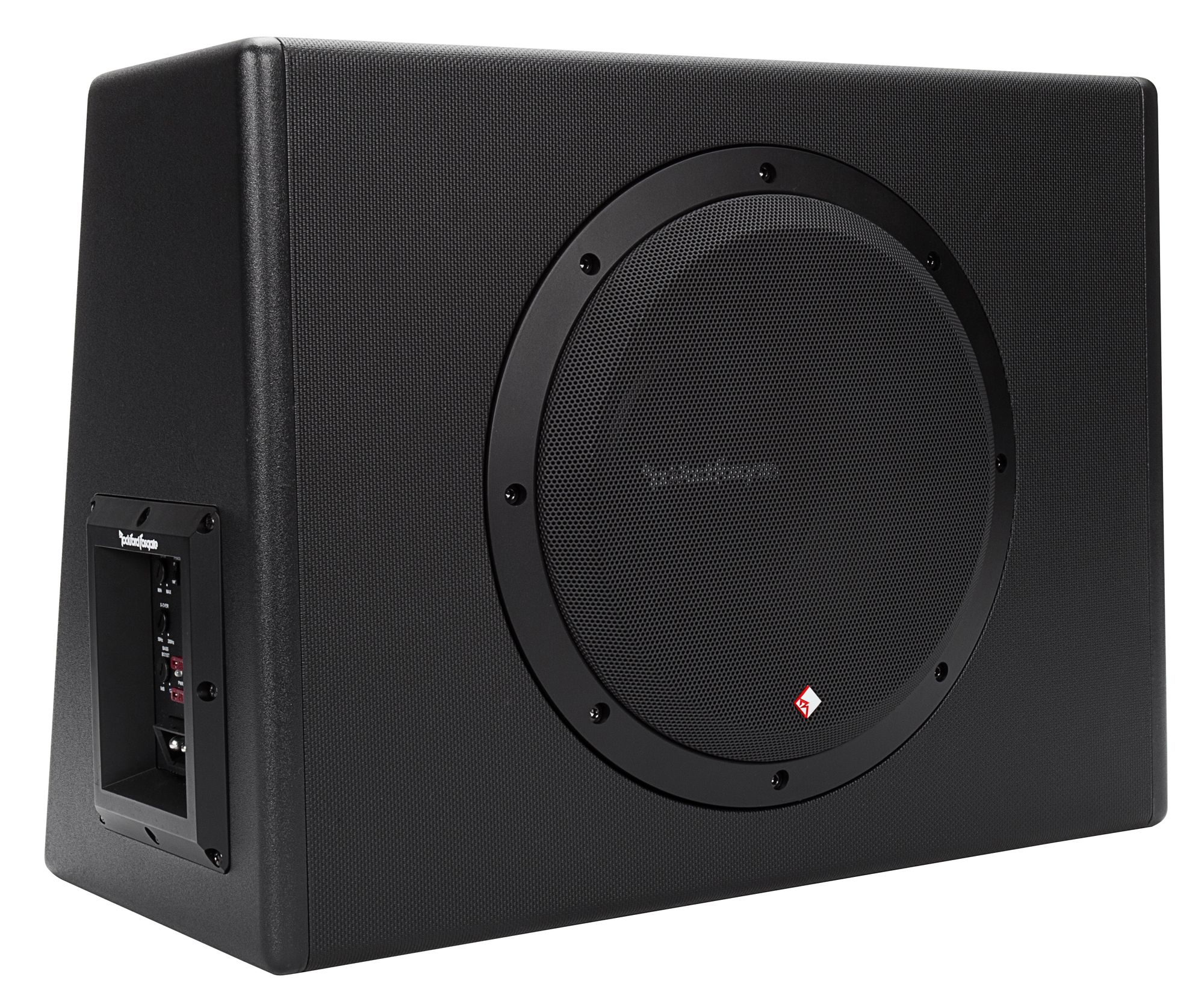 Ein schwarzer Subwoofer mit einem kreisförmigen Lautsprecher und einem schwarzen Gitter. Er hat ein Logo und ein Eingabefeld.