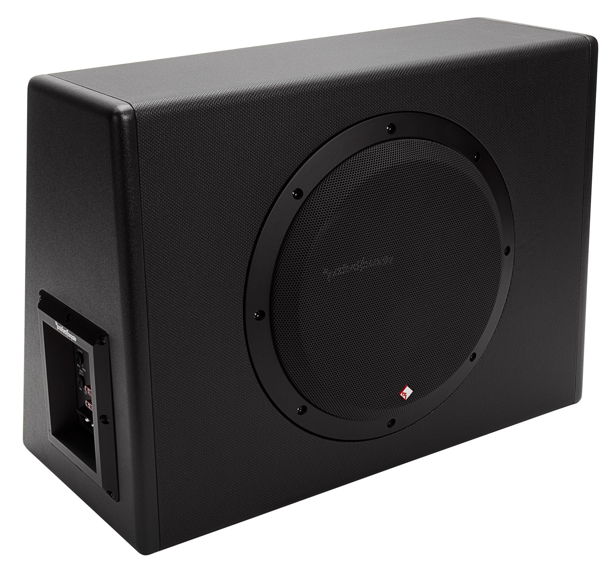 Schwarze Subwoofer-Box mit großem kreisförmigem Lautsprecher und Anschluss, Seitenansicht.