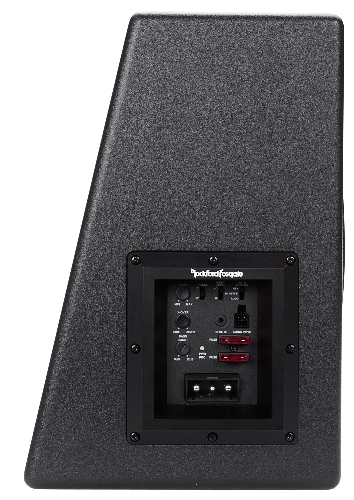 Schwarzer Subwoofer-Lautsprecher, Rückansicht, mit sichtbaren Anschlüssen.