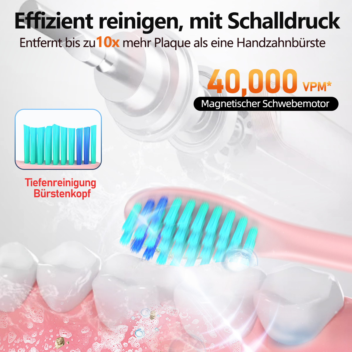 Ein Zahnbürstenkopf mit blauen und grünen Borsten, der Zähneputzen und ein technisches Diagramm zeigt.