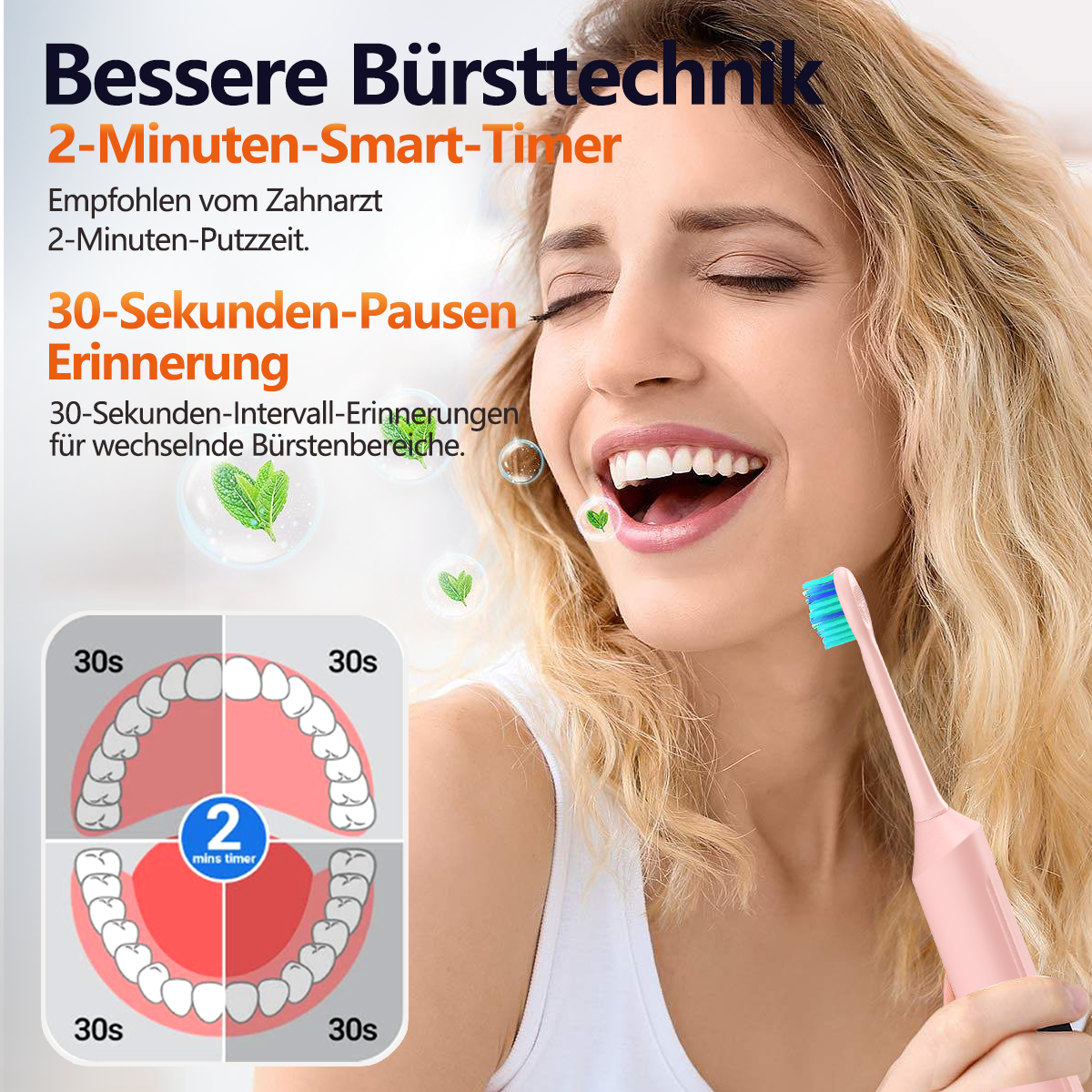 Frau mit Zahnbürste. Text zeigt einen 2-Minuten-Timer und 30-Sekunden-Erinnerungen für das Zähneputzen.