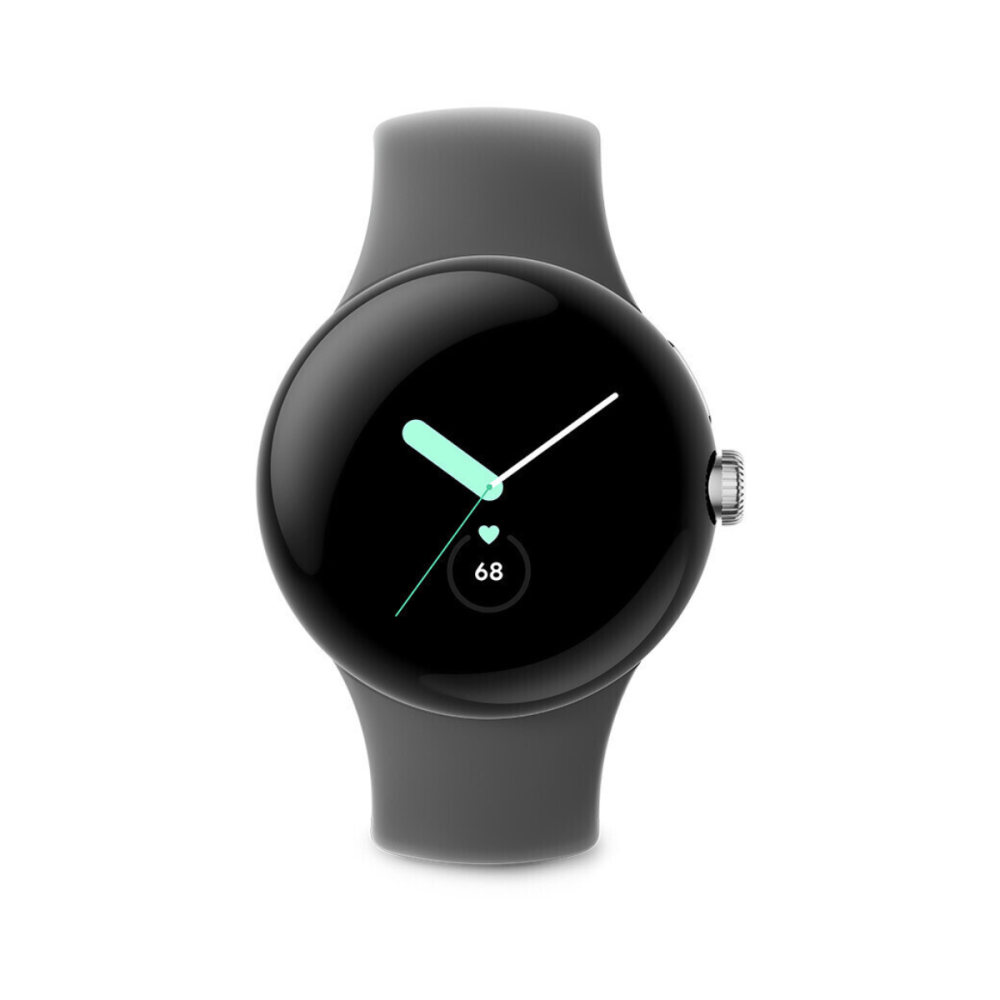 Czarny okrągły smartwatch z szarym paskiem, wyświetlający godzinę, tętno i zieloną linię.