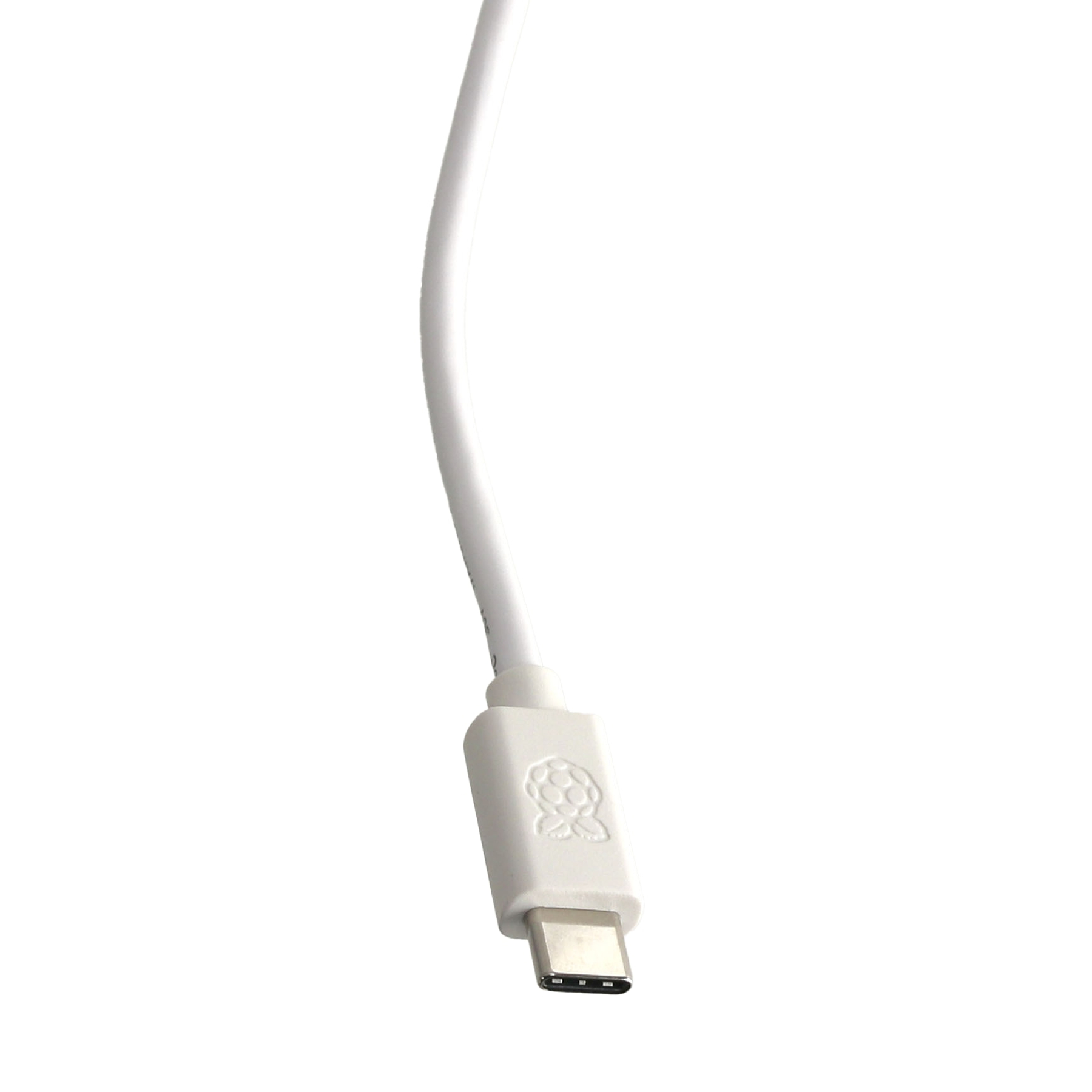 Cavo USB-C bianco con logo Raspberry Pi, su sfondo bianco.