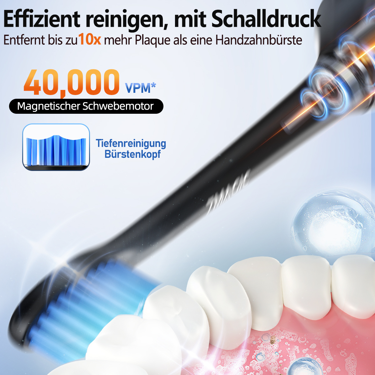 Eine elektrische Zahnbürste mit Detailansicht des Bürstenkopfes.