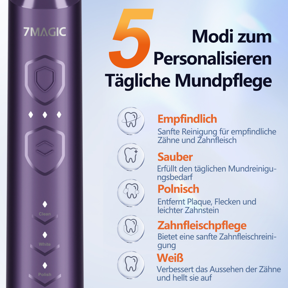 Lila elektrische Zahnbürste mit 5 Modi und Text, einschließlich sauber und weiß. Weißer Hintergrund.