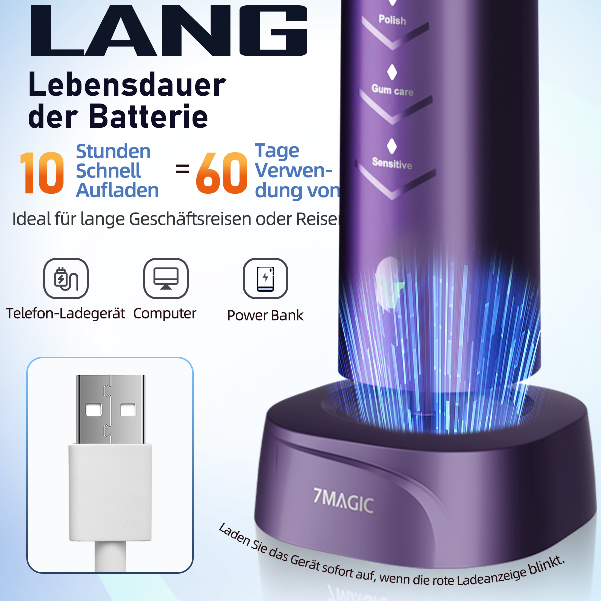 Lila elektrische Zahnbürste auf einer Ladestation. USB-Kabel, Text: 10 Minuten Schnellladung = 60 Tage Nutzung.