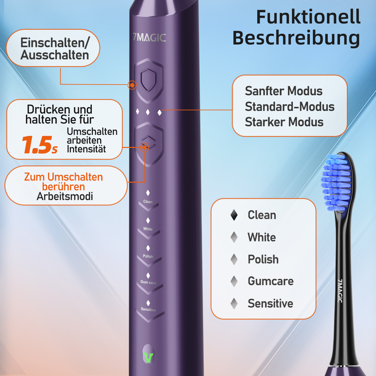 Violette elektrische Zahnbürste mit verschiedenen Funktionsmodi und Bürstenkopf.