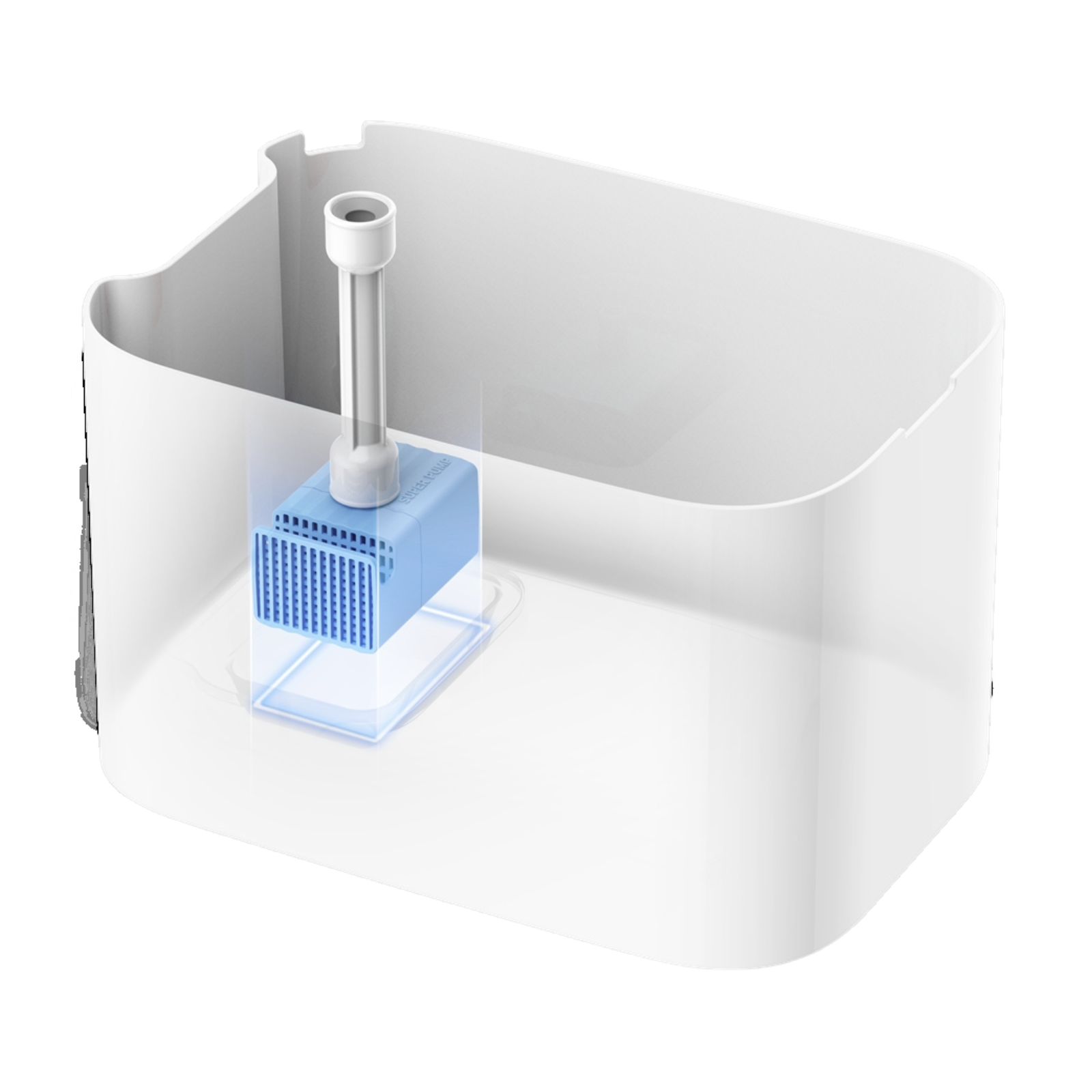 Un contenitore rettangolare bianco con un dispositivo blu all'interno e un tubo che si estende verso l'alto.