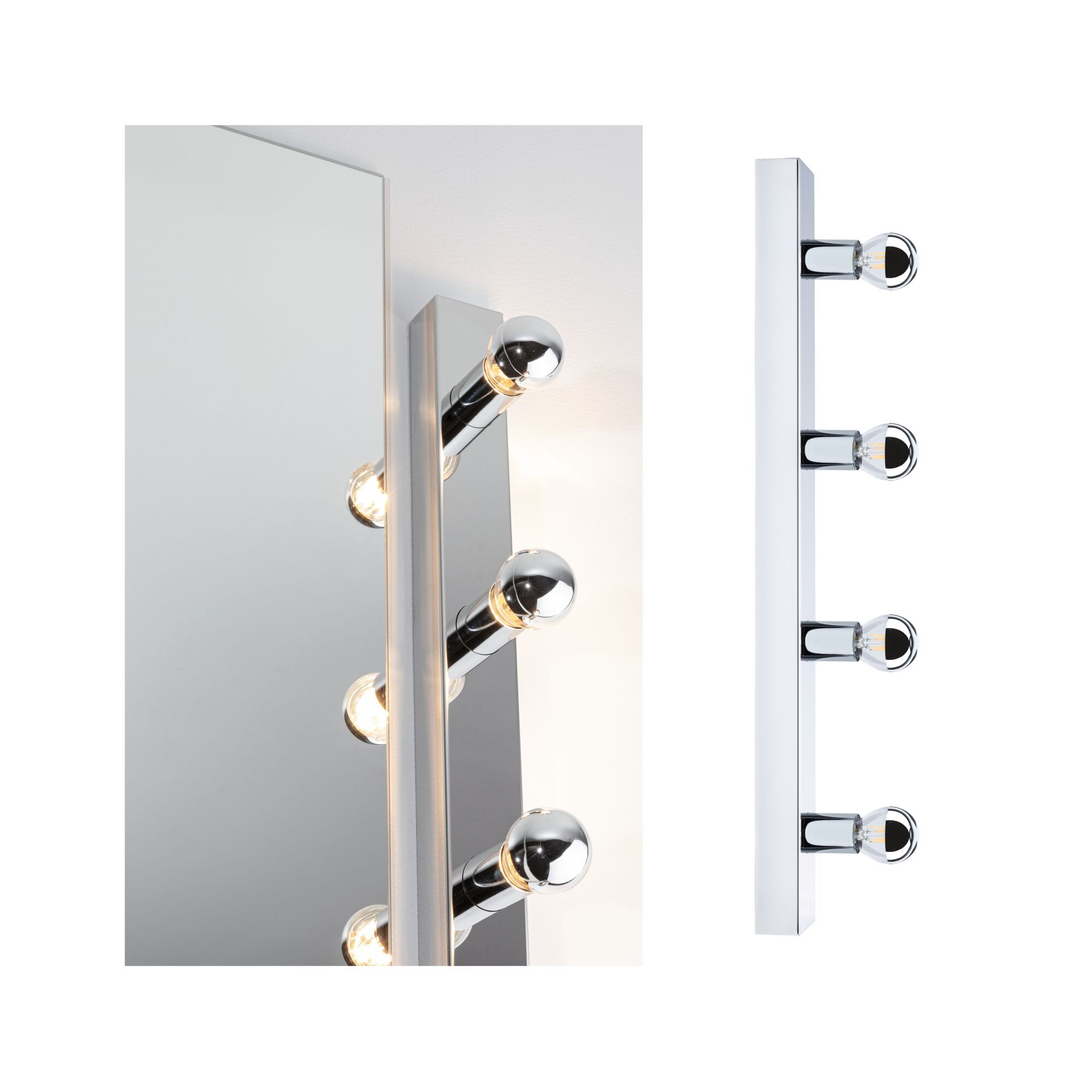 Ein Spiegel mit Lichtern neben einer weiteren Leuchte an einer weißen Wand. Beide sind Chrom.