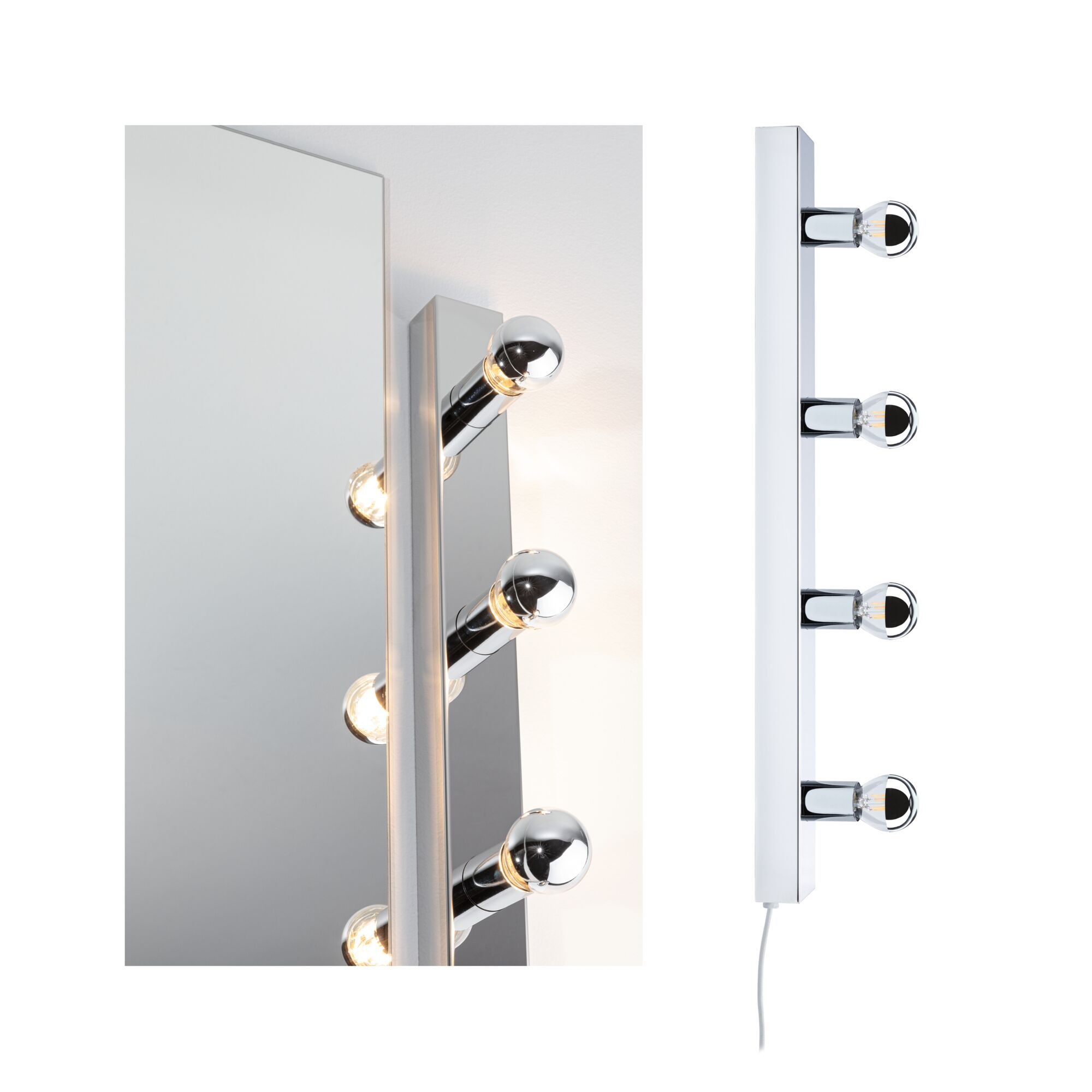Spiegel mit Lichtern. Silberne Lichter sind an einer silbernen Stange befestigt. Weißer Hintergrund.
