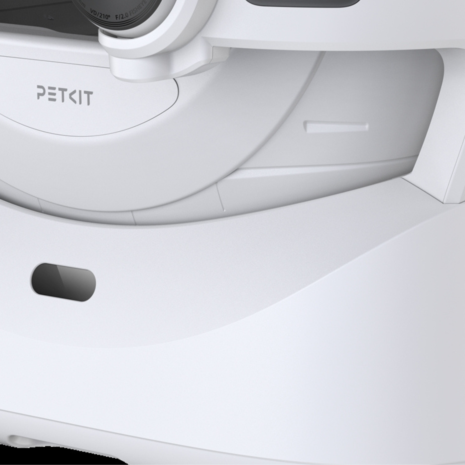 Dispositivo Petkit blanco. La parte superior tiene el texto 'PETKIT'. Sobre fondo blanco.