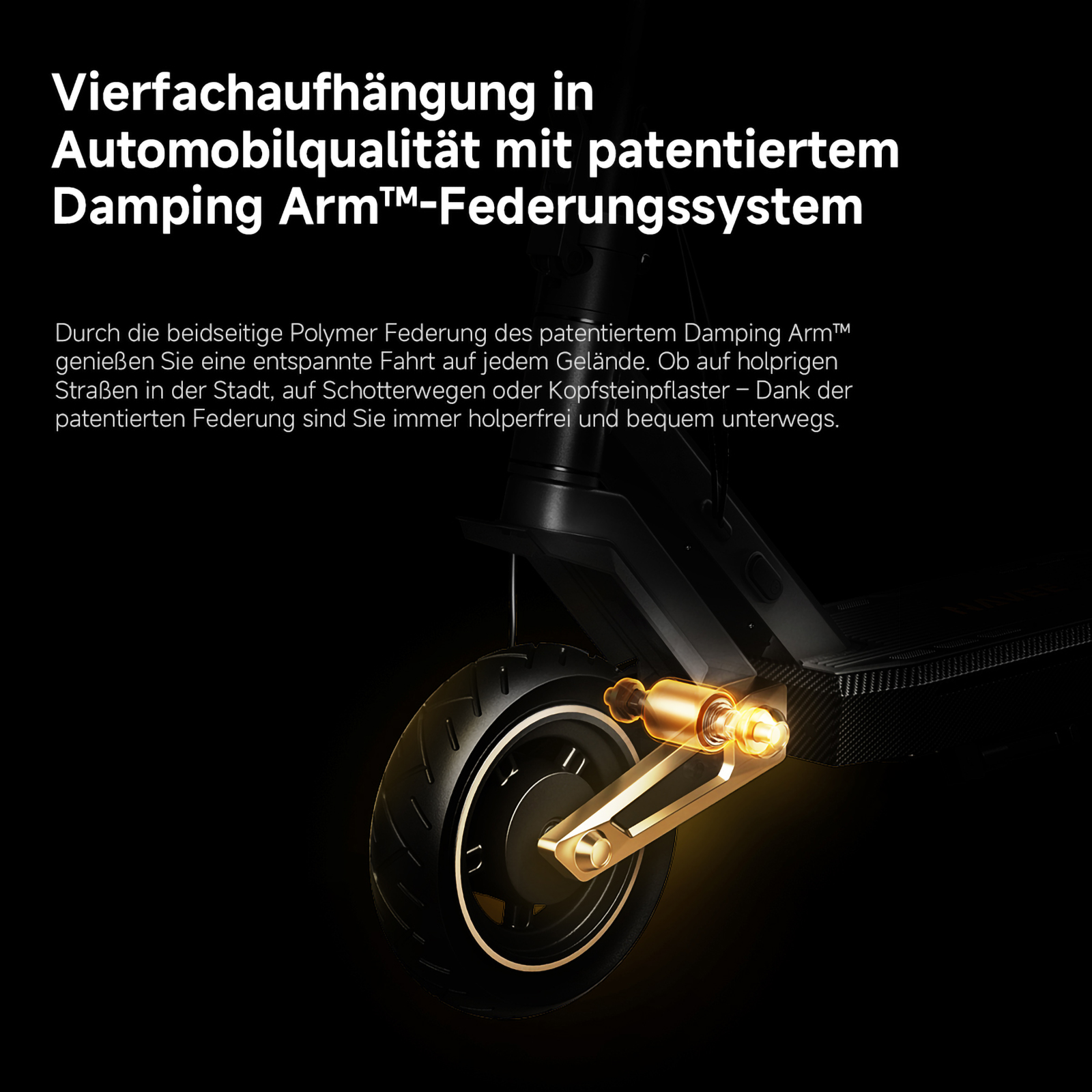 Nahaufnahme einer doppelten Polymerfederung an einem E-Scooter-Rad.