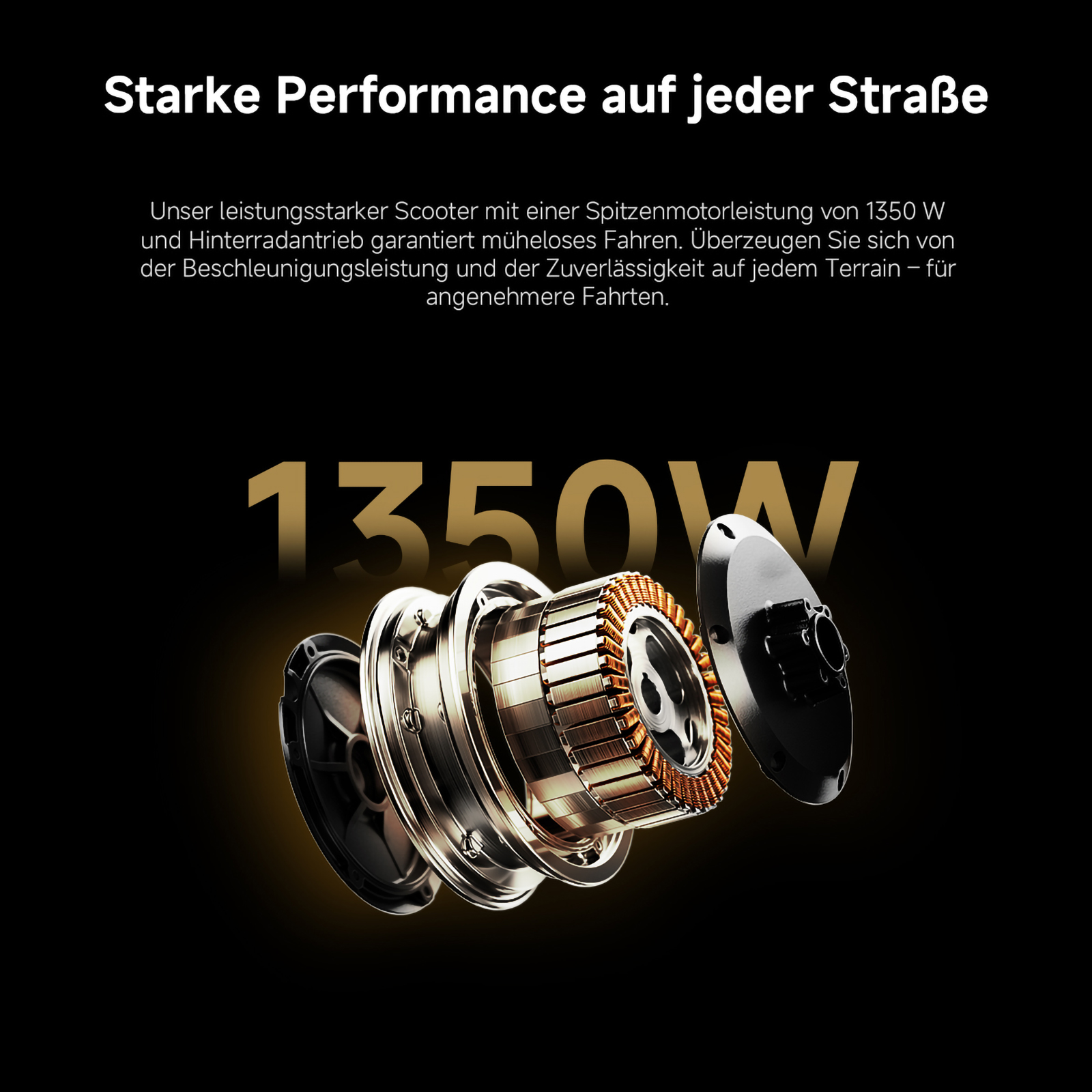 Ein 1350W Motor mit Kupferwicklungen und Metallgehäuse, auf schwarzem Grund.