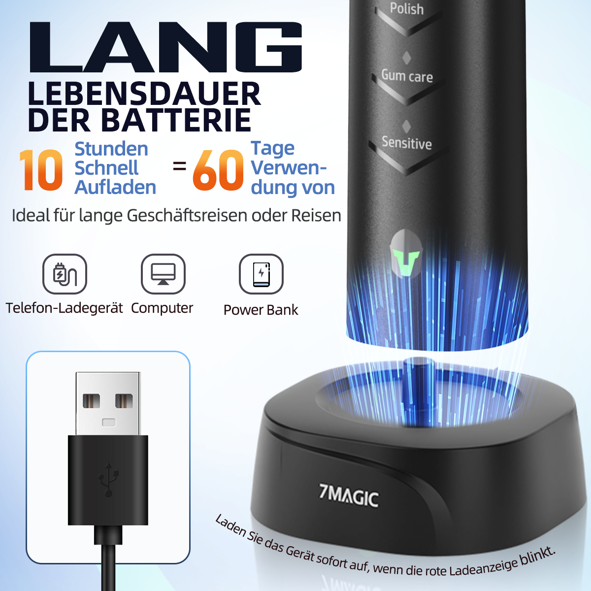 Schwarze elektrische Zahnbürste und Ladestation, mit USB-Kabel und Text über Akkulaufzeit.